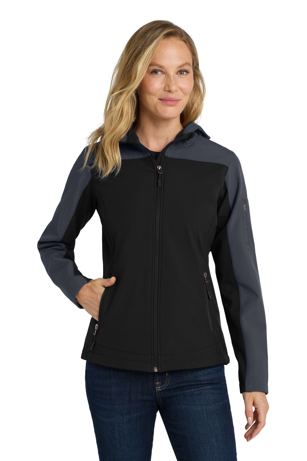 Custom Black/ Battleship Grey Women's Hooded Core Soft Shell Jacket L335, personalized by SanCanDo Swag in Argyle, TX