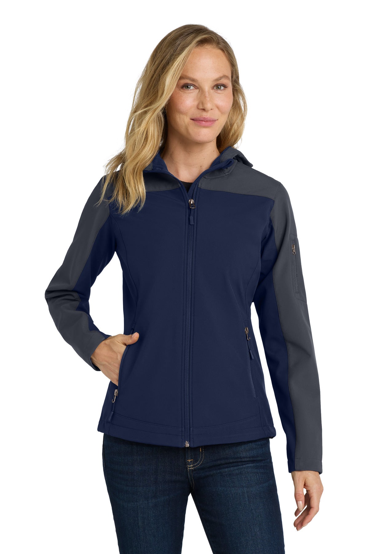 Custom Dress Blue Navy/ Battleship Grey Women's Hooded Core Soft Shell Jacket L335, personalized by SanCanDo Swag in Argyle, TX