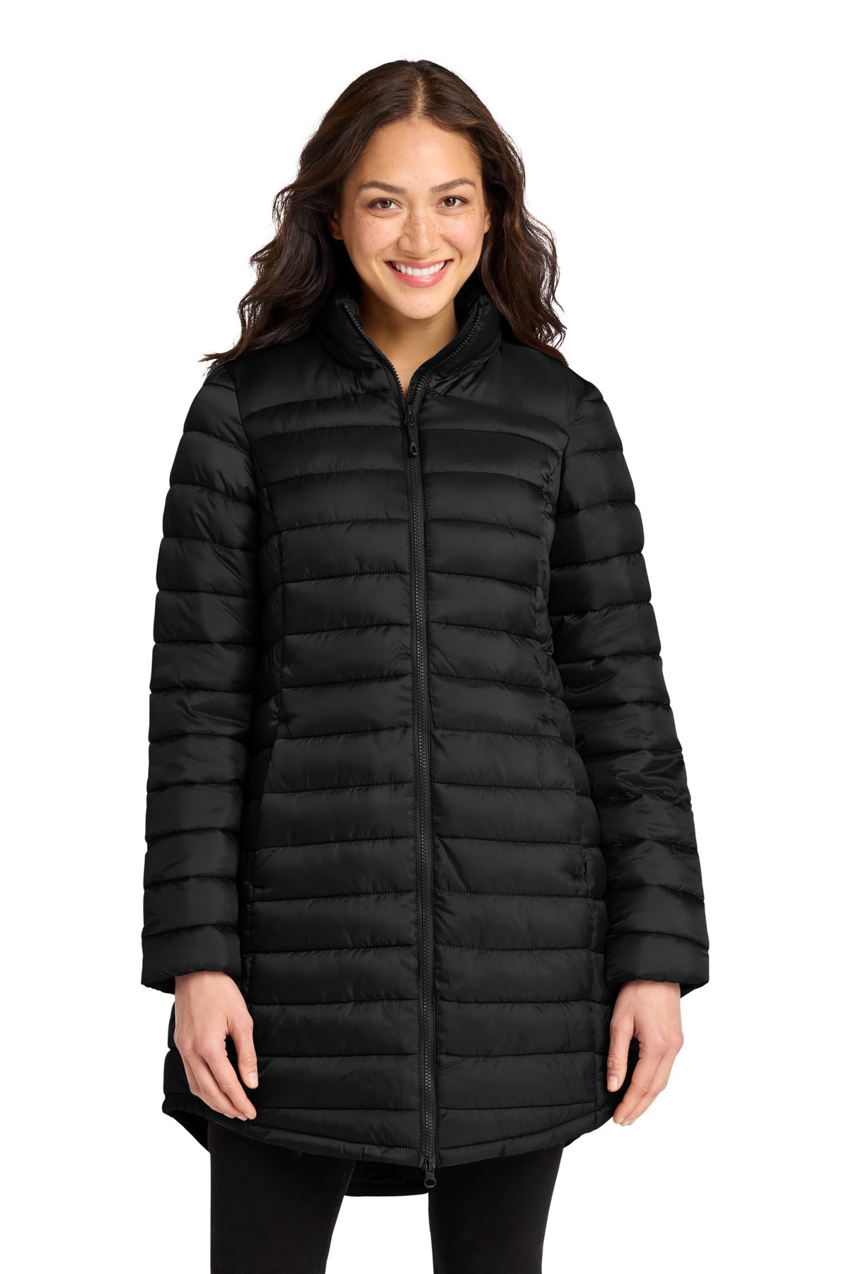 Custom Deep Black Women's Horizon Puffy Long Jacket L365, personalized by SanCanDo Swag in Argyle, TX