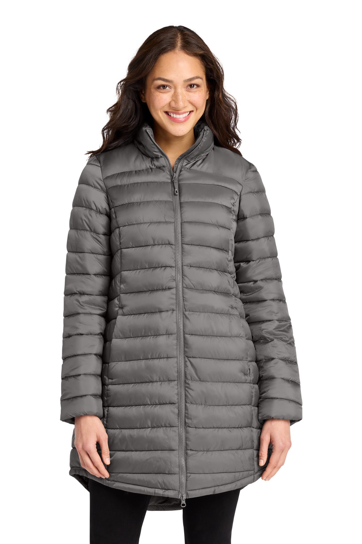 Custom Deep Smoke Women's Horizon Puffy Long Jacket L365, personalized by SanCanDo Swag in Argyle, TX