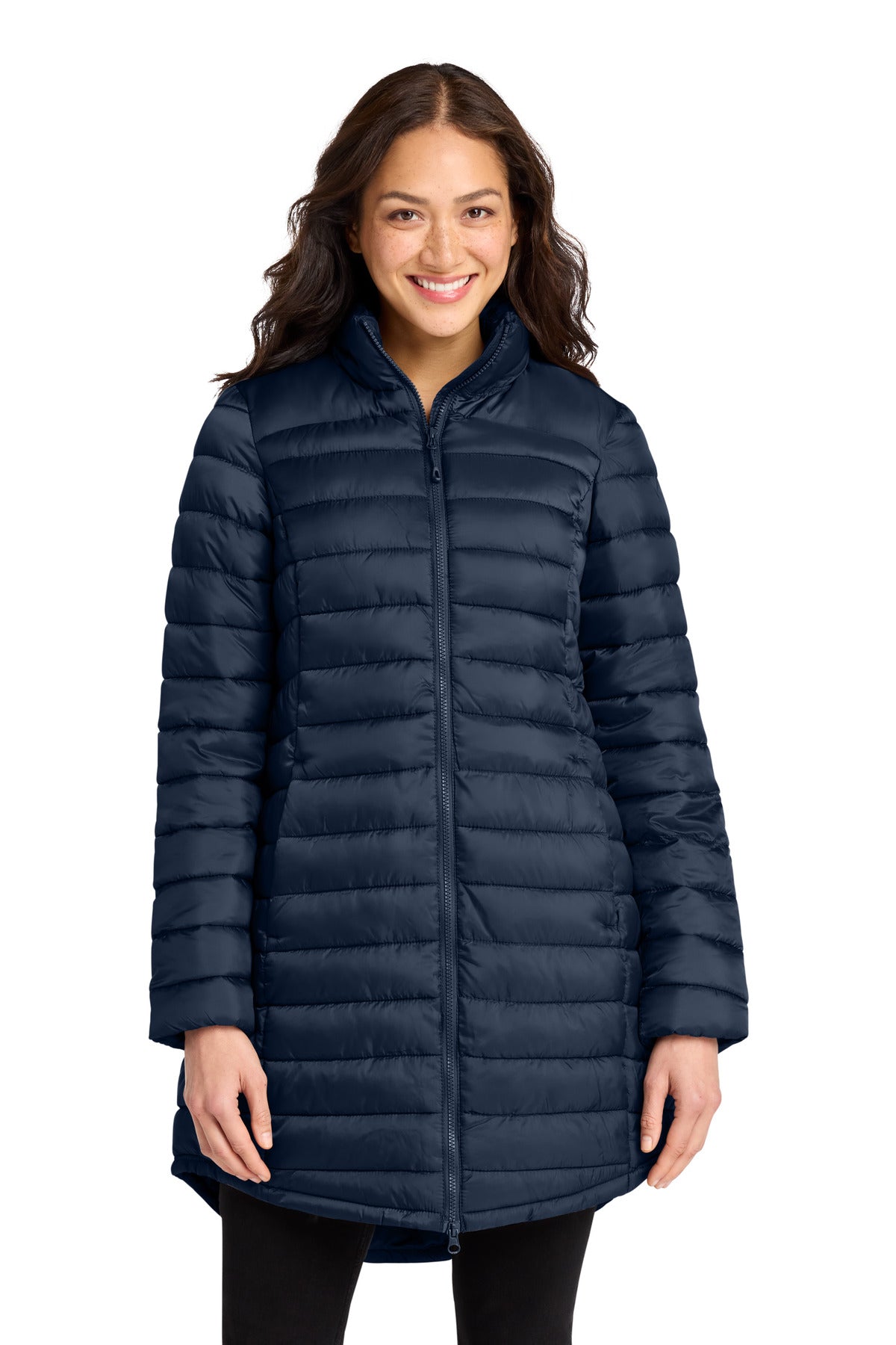 Custom Dress Blue Navy Women's Horizon Puffy Long Jacket L365, personalized by SanCanDo Swag in Argyle, TX