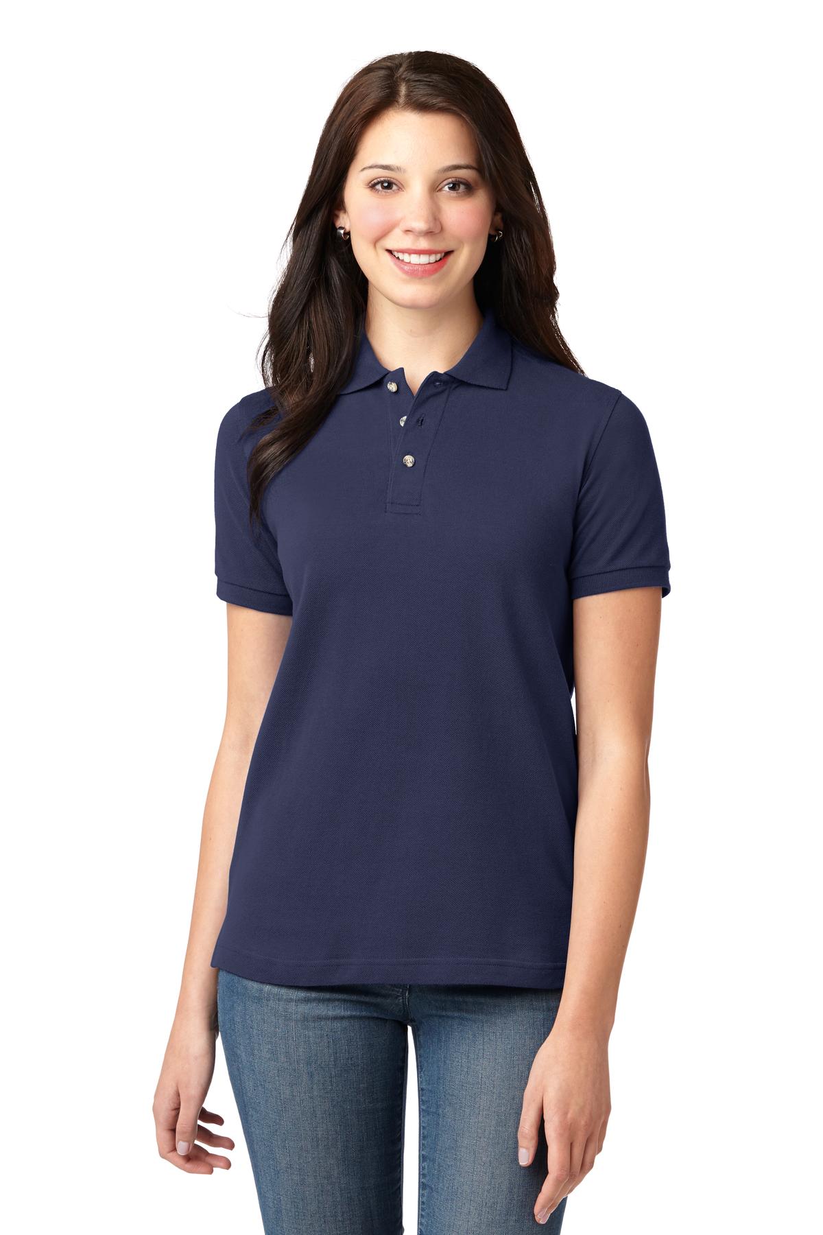 Custom Navy Women's Heavyweight Cotton Pique Polo L420, personalized by SanCanDo Swag in Argyle, TX