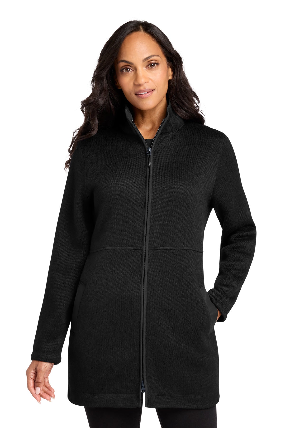 Custom Deep Black Women's Arc Sweater Fleece Long Jacket L425, personalized by SanCanDo Swag in Argyle, TX