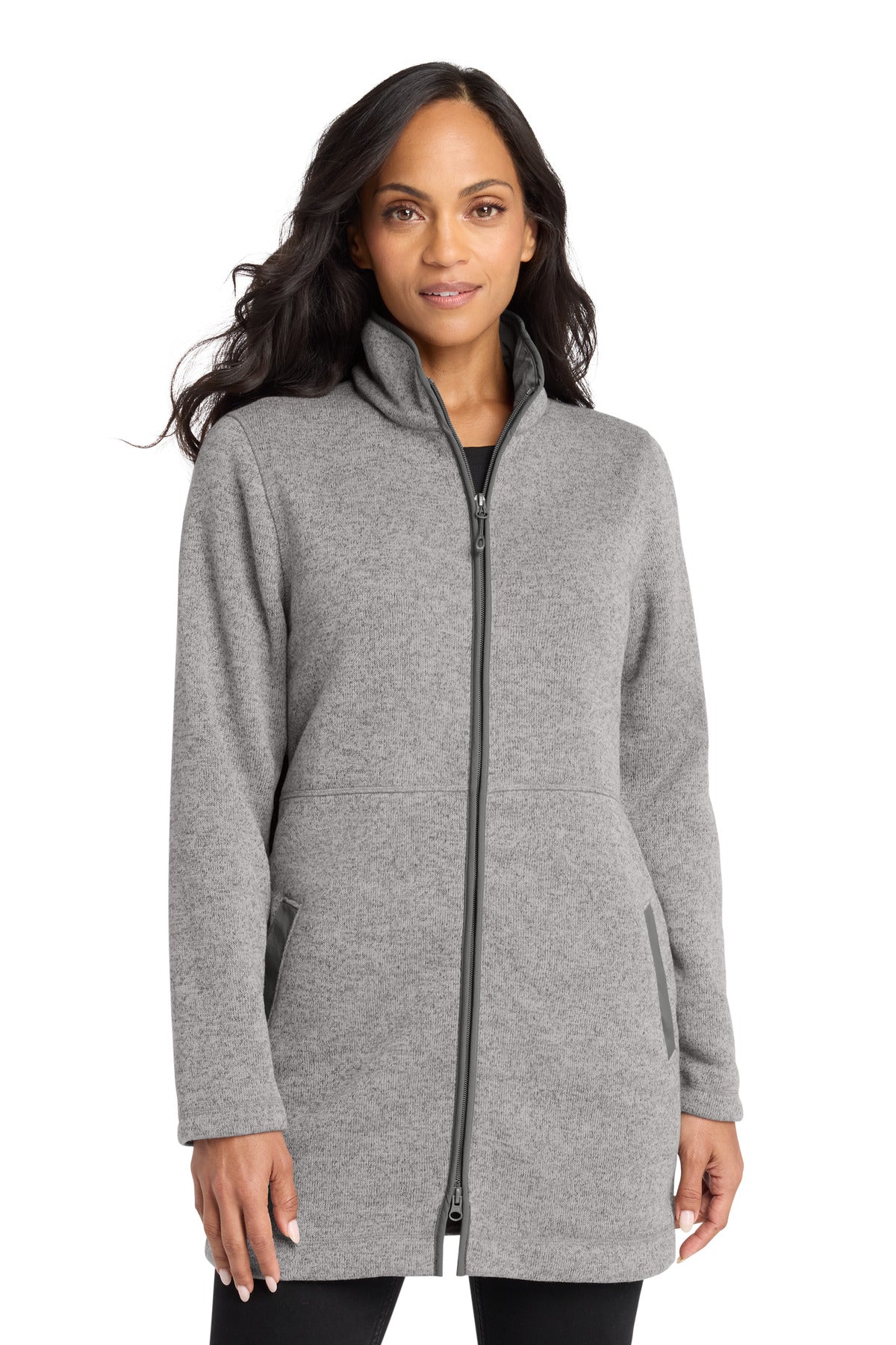 Custom Deep Smoke Heather Women's Arc Sweater Fleece Long Jacket L425, personalized by SanCanDo Swag in Argyle, TX
