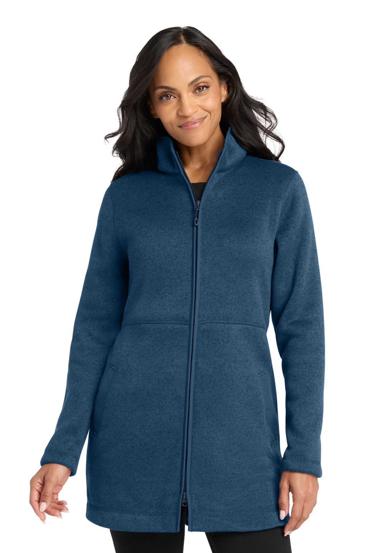 Custom Insignia Blue Heather Women's Arc Sweater Fleece Long Jacket L425, personalized by SanCanDo Swag in Argyle, TX