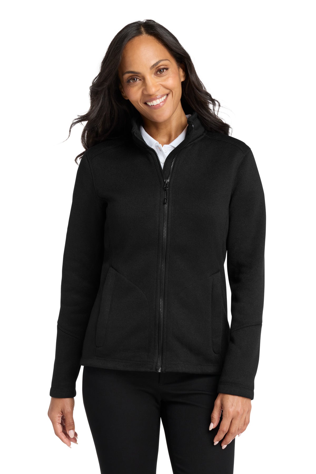 Custom Deep Black Women's Arc Sweater Fleece Jacket L428, personalized by SanCanDo Swag in Argyle, TX