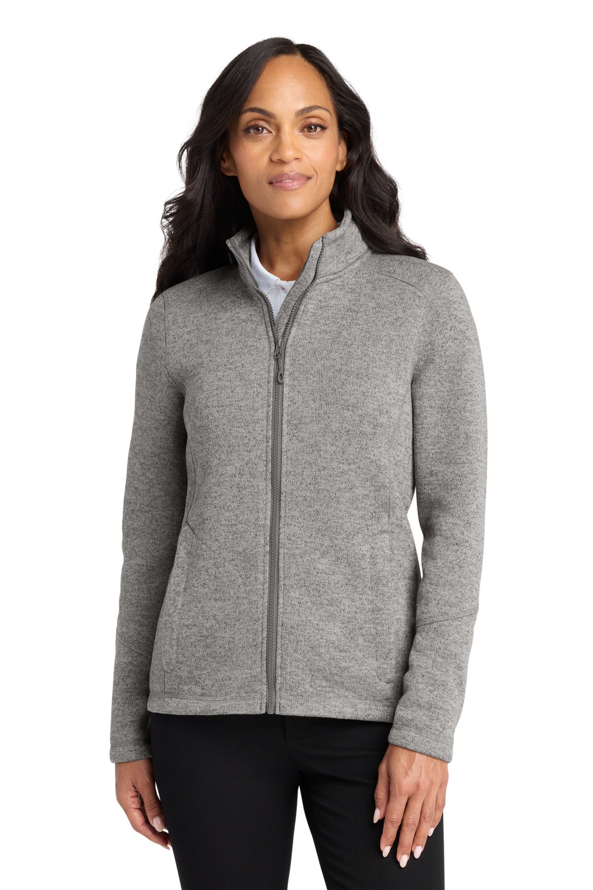 Custom Deep Smoke Heather Women's Arc Sweater Fleece Jacket L428, personalized by SanCanDo Swag in Argyle, TX
