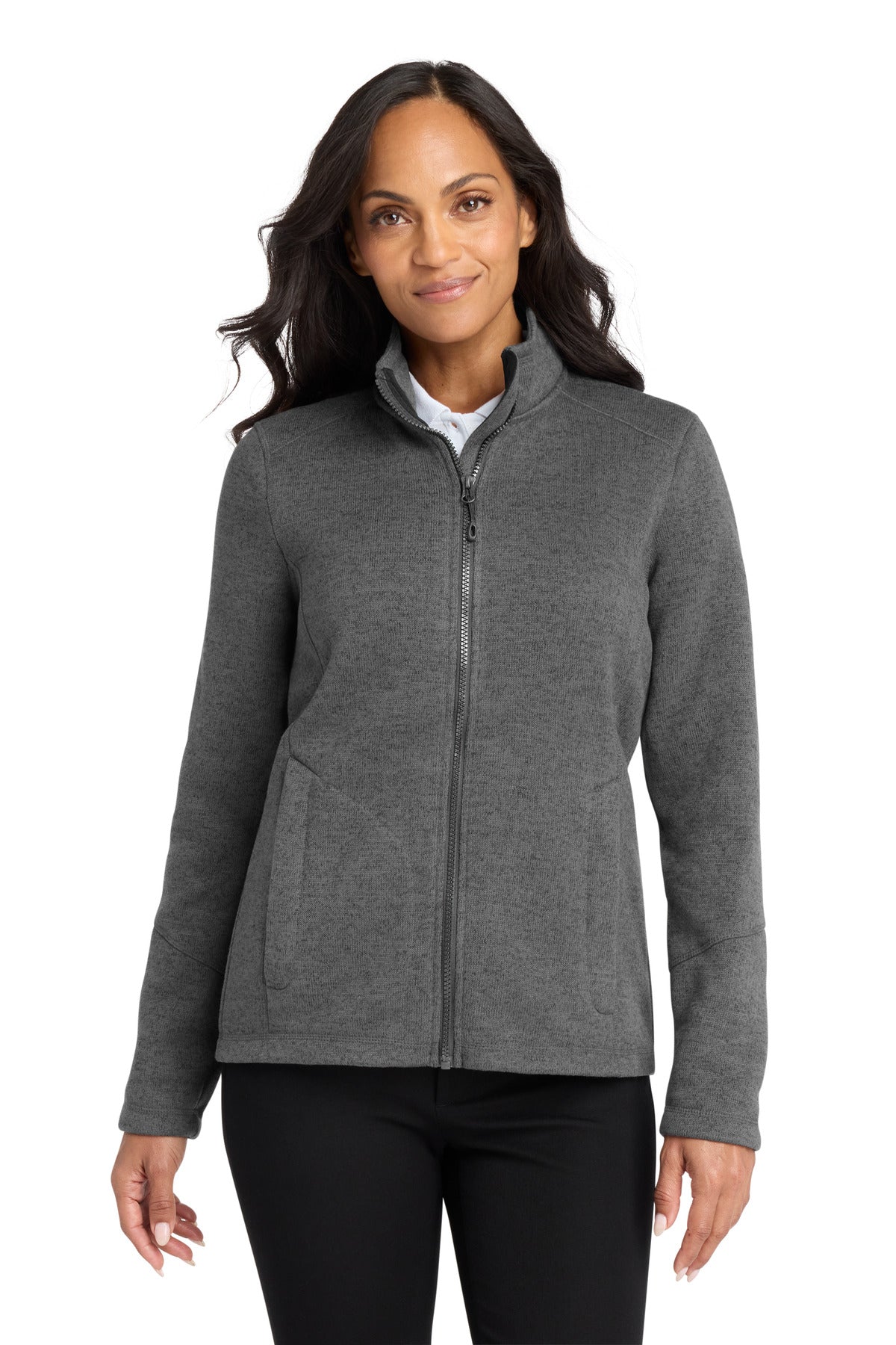 Custom Grey Smoke Heather Women's Arc Sweater Fleece Jacket L428, personalized by SanCanDo Swag in Argyle, TX