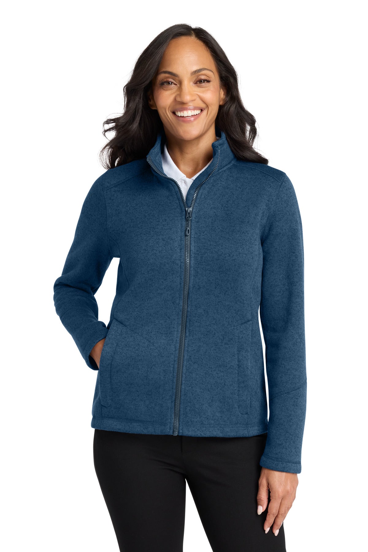 Custom Insignia Blue Heather Women's Arc Sweater Fleece Jacket L428, personalized by SanCanDo Swag in Argyle, TX