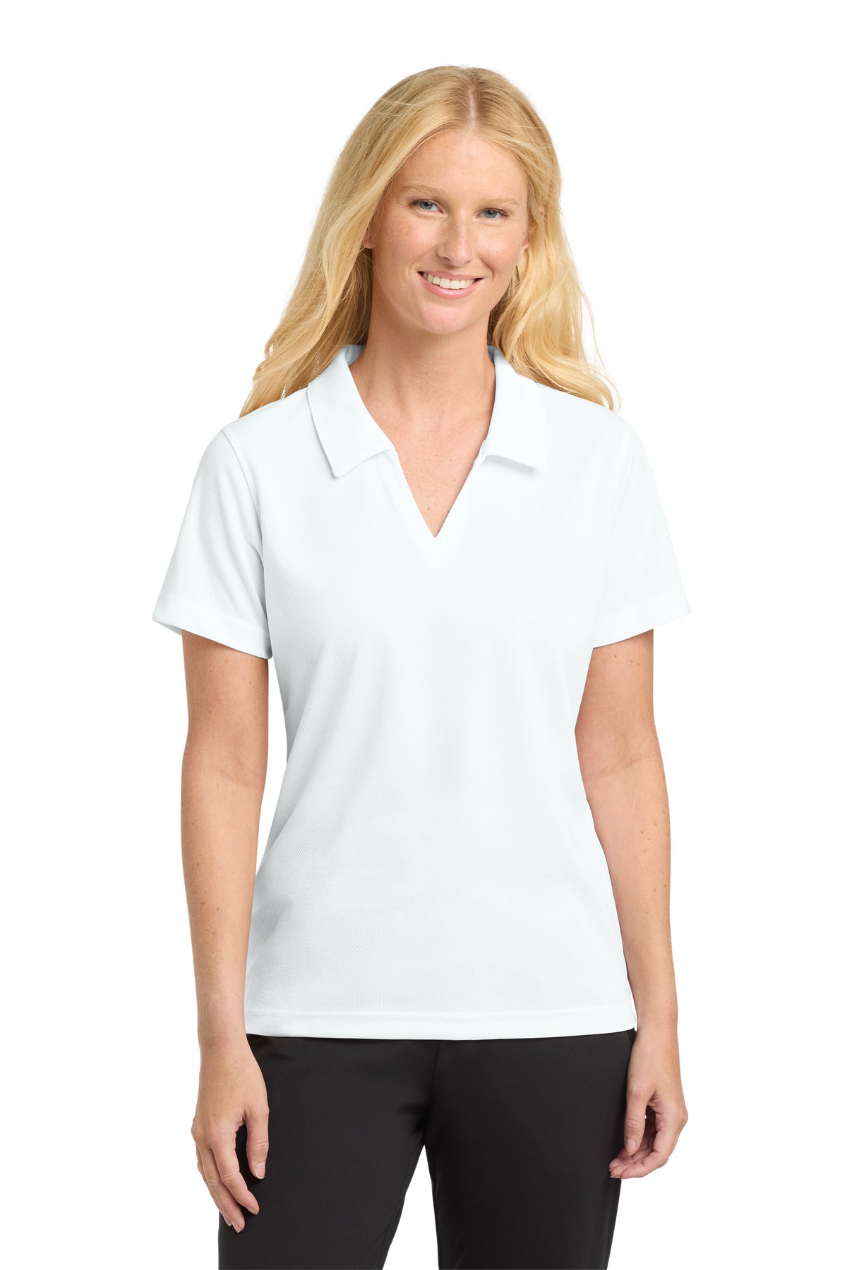 Custom White Women's Dri-Mesh V-Neck Polo L469, personalized by SanCanDo Swag in Argyle, TX