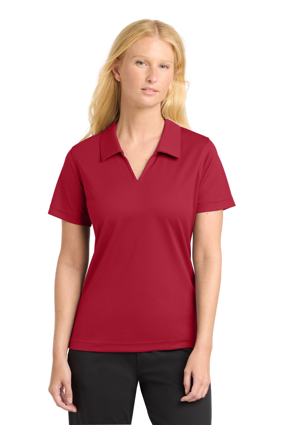 Custom Red Women's Dri-Mesh V-Neck Polo L469, personalized by SanCanDo Swag in Argyle, TX
