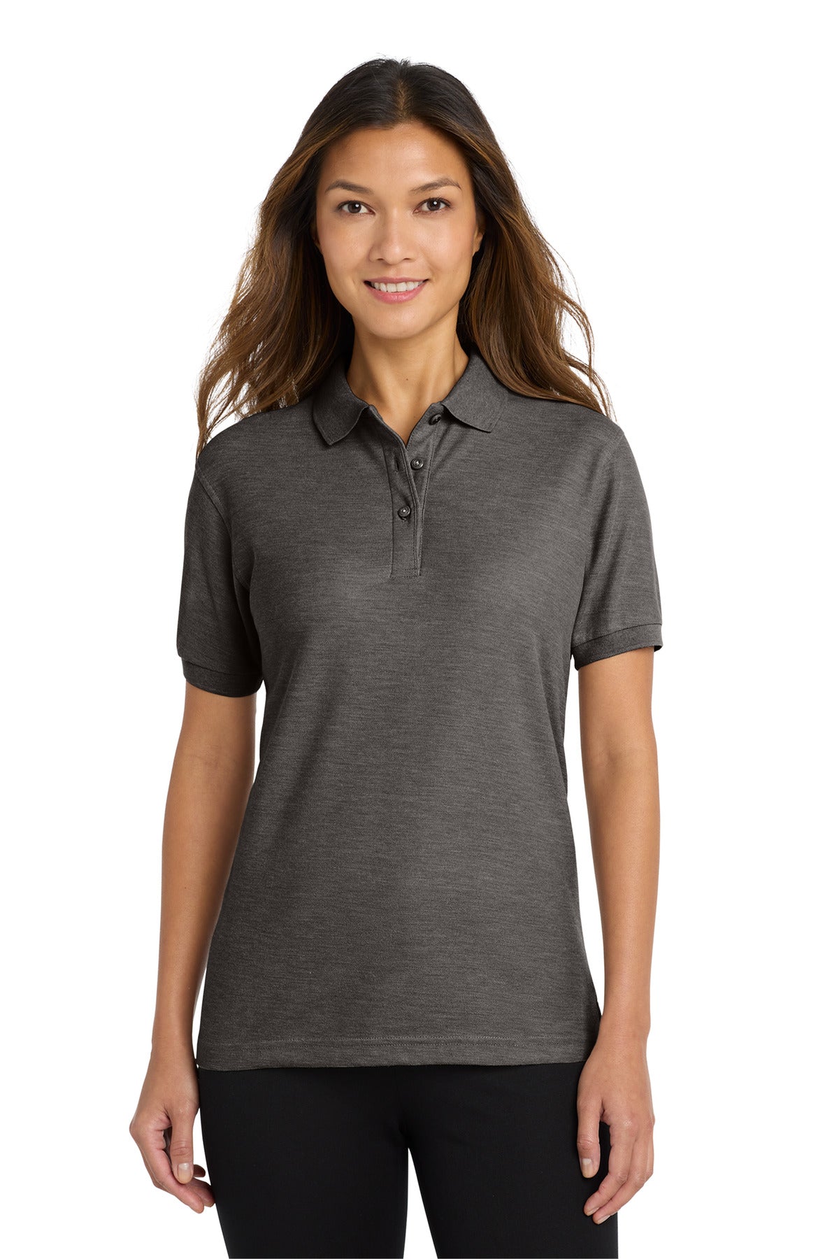 Custom Charcoal Heather Grey Women's Silk Touch Polo L500, personalized by SanCanDo Swag in Argyle, TX