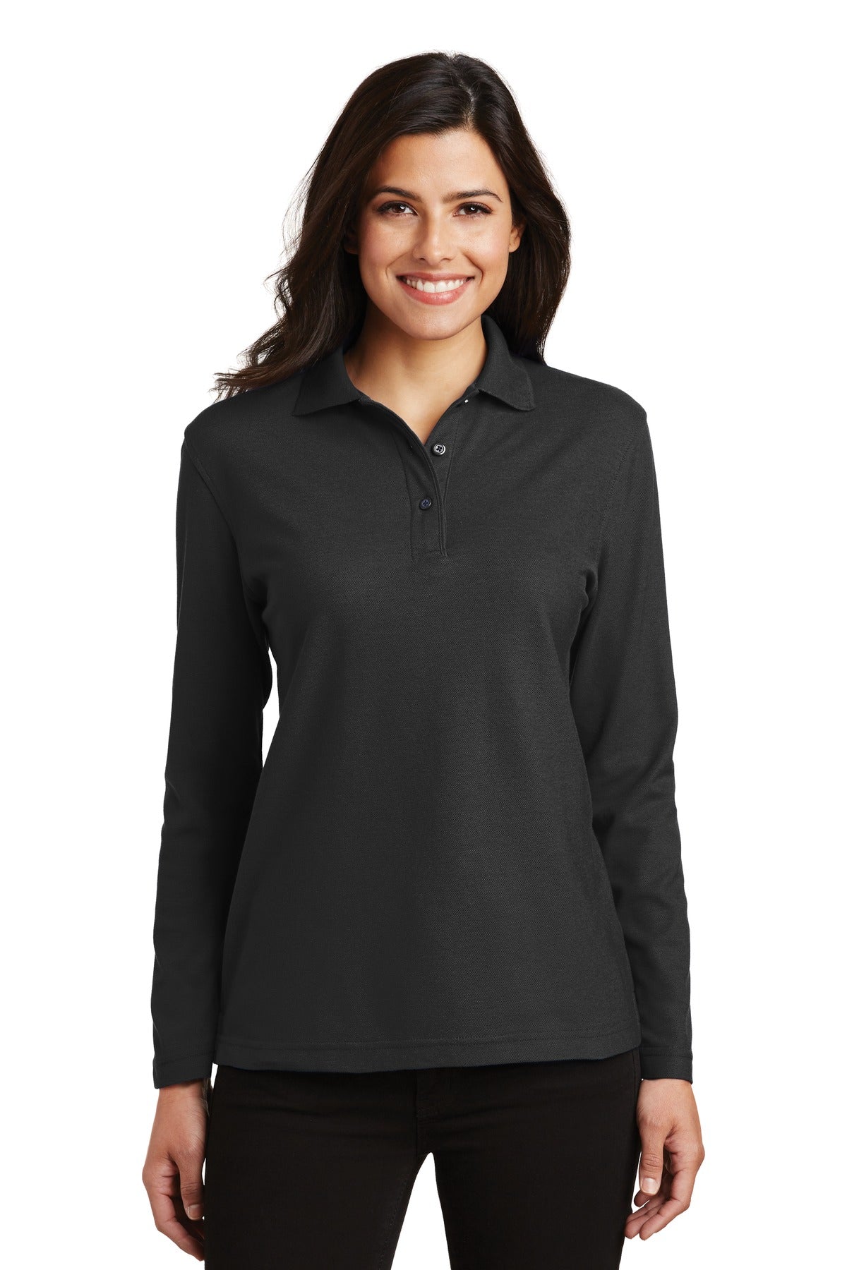 Custom Black Women's Silk Touch Long Sleeve Polo L500LS, personalized by SanCanDo Swag in Argyle, TX