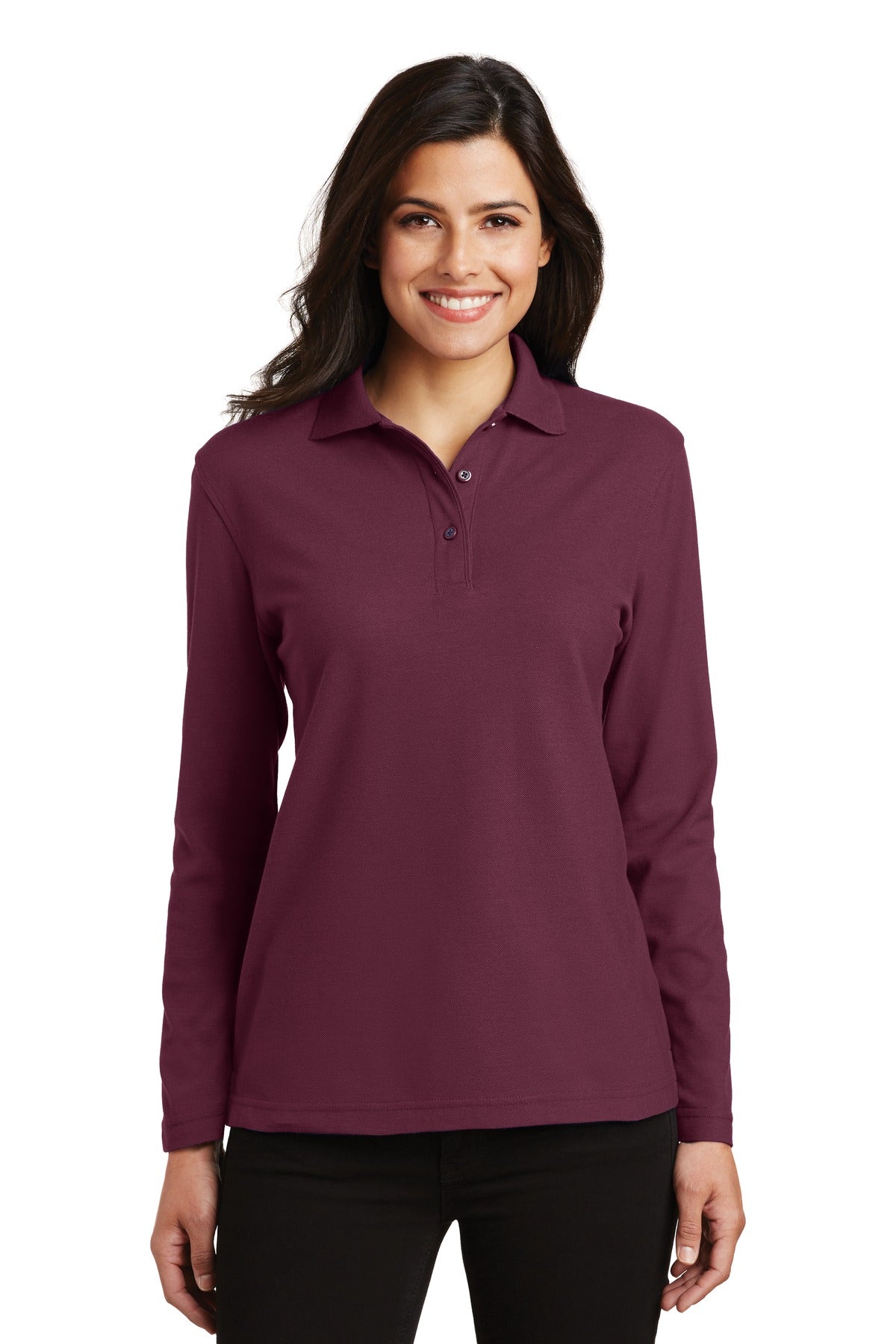 Custom Burgundy Women's Silk Touch Long Sleeve Polo L500LS, personalized by SanCanDo Swag in Argyle, TX