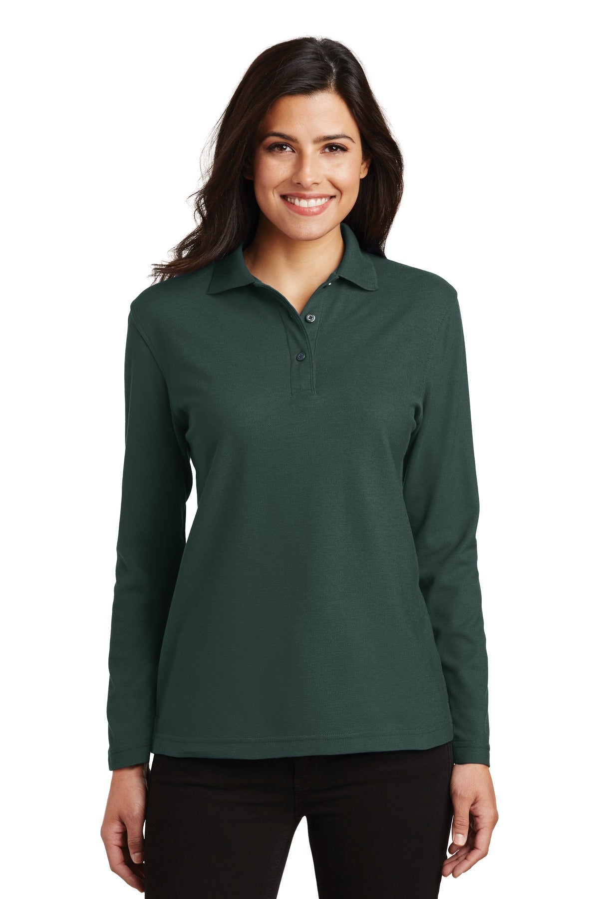 Custom Dark Green Women's Silk Touch Long Sleeve Polo L500LS, personalized by SanCanDo Swag in Argyle, TX