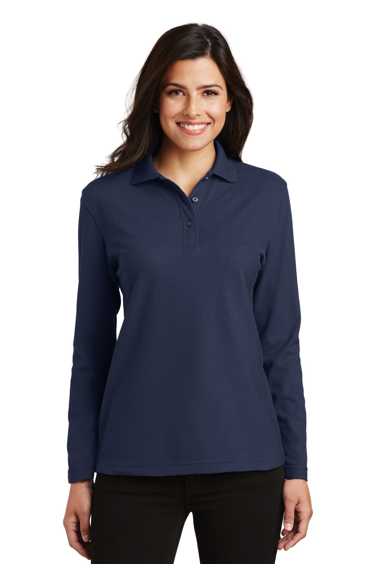 Custom Navy Women's Silk Touch Long Sleeve Polo L500LS, personalized by SanCanDo Swag in Argyle, TX