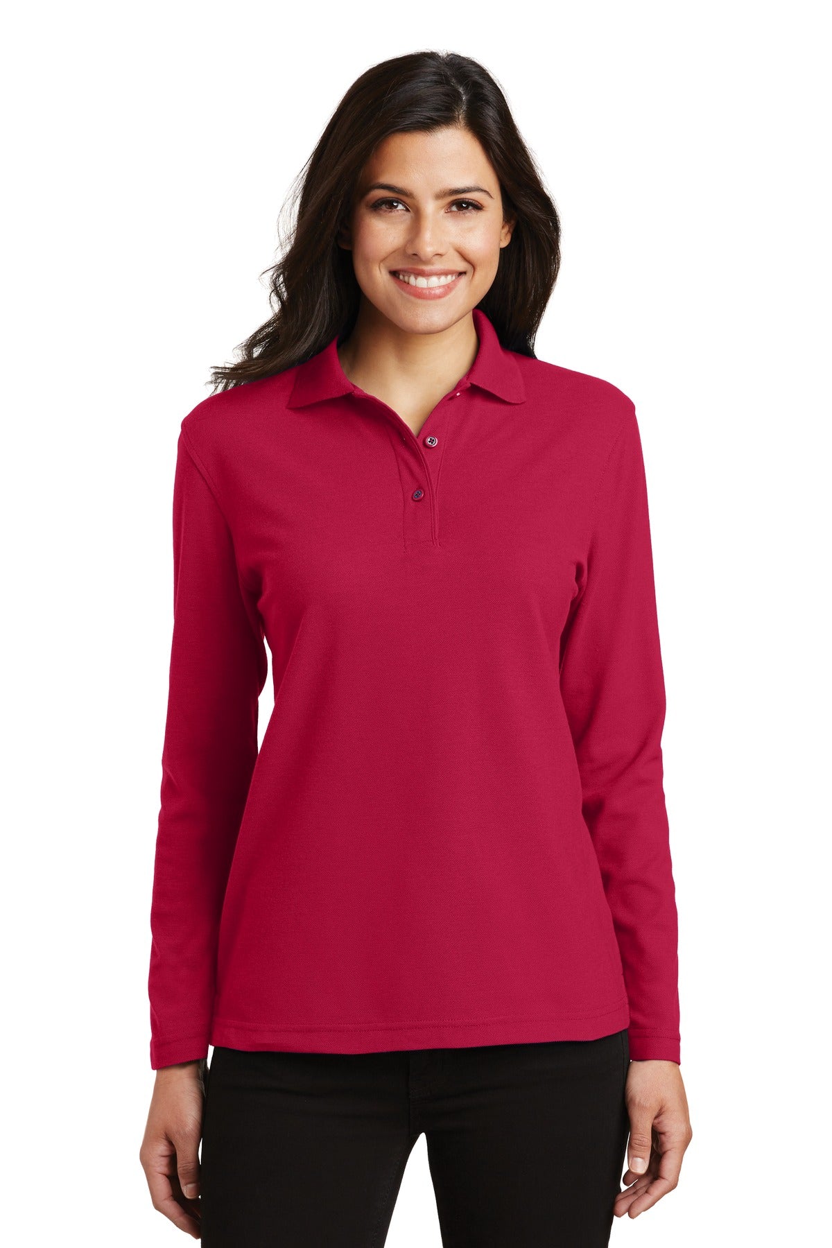 Custom Red Women's Silk Touch Long Sleeve Polo L500LS, personalized by SanCanDo Swag in Argyle, TX