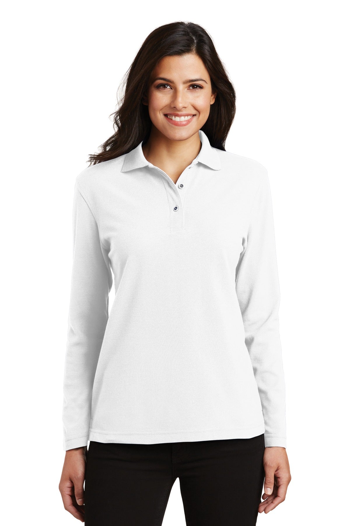 Custom White Women's Silk Touch Long Sleeve Polo L500LS, personalized by SanCanDo Swag in Argyle, TX