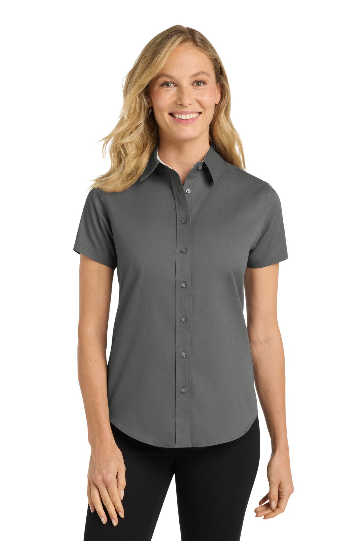 Custom Steel Grey/ Light Stone Women's Short Sleeve Easy Care Shirt L508, personalized by SanCanDo Swag in Argyle, TX
