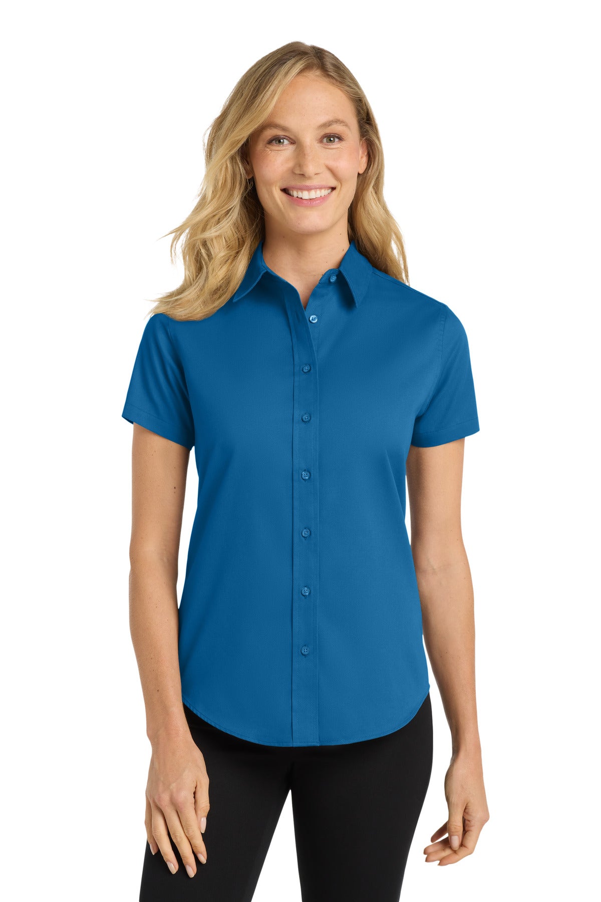 Custom Strong Blue Women's Short Sleeve Easy Care Shirt L508, personalized by SanCanDo Swag in Argyle, TX
