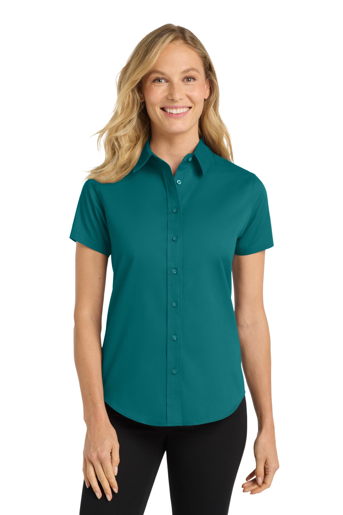 Custom Teal Green Women's Short Sleeve Easy Care Shirt L508, personalized by SanCanDo Swag in Argyle, TX