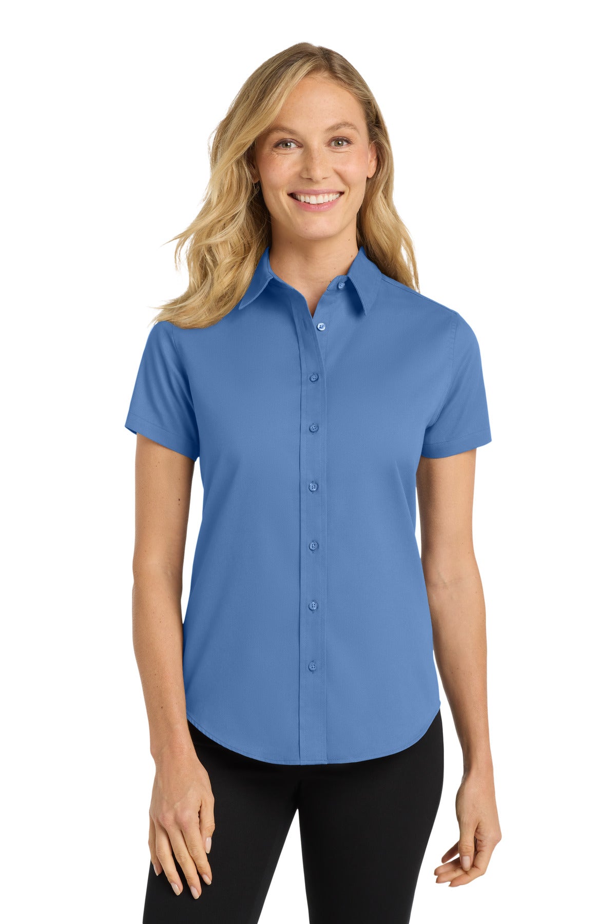Custom Ultramarine Blue Women's Short Sleeve Easy Care Shirt L508, personalized by SanCanDo Swag in Argyle, TX