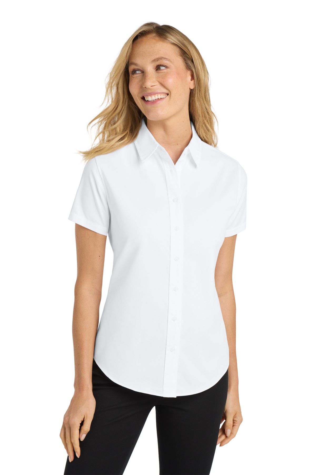 Custom White/ Light Stone Women's Short Sleeve Easy Care Shirt L508, personalized by SanCanDo Swag in Argyle, TX
