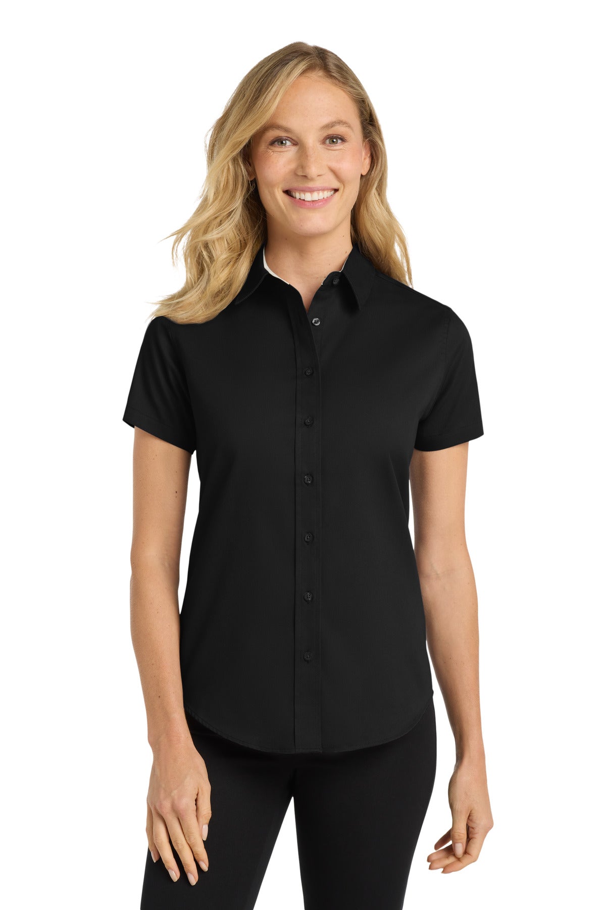 Custom Black/ Light Stone Women's Short Sleeve Easy Care Shirt L508, personalized by SanCanDo Swag in Argyle, TX