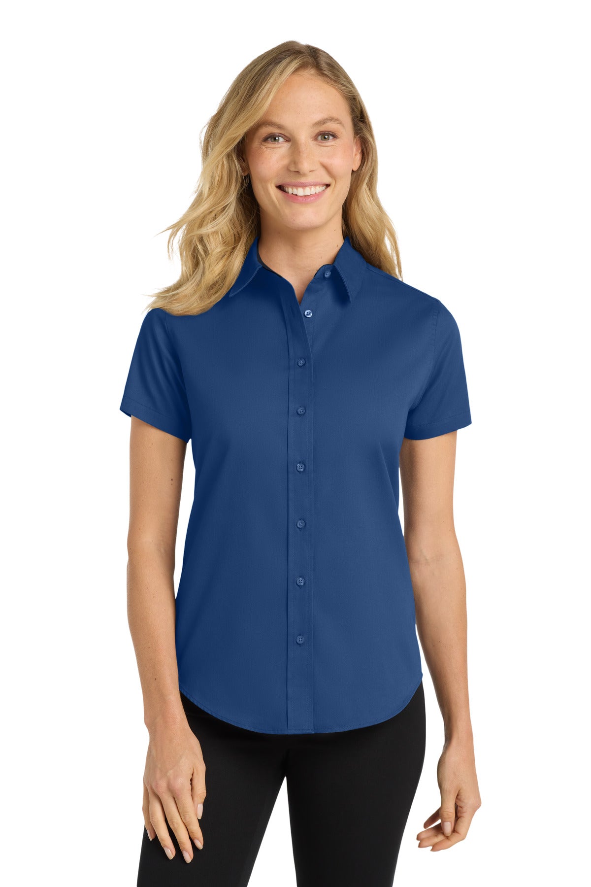 Custom Royal/ Classic Navy Women's Short Sleeve Easy Care Shirt L508, personalized by SanCanDo Swag in Argyle, TX