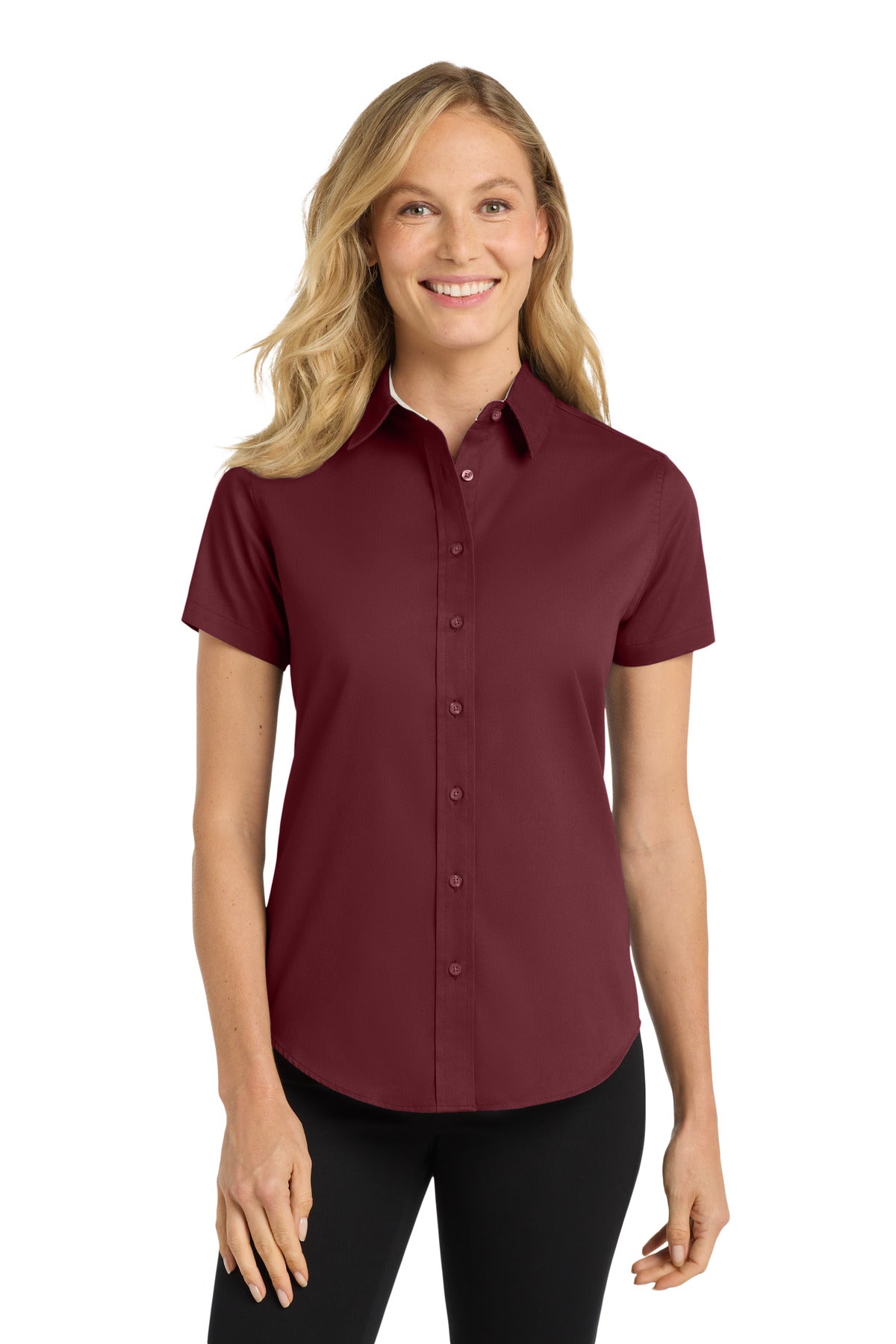Custom Burgundy/ Light Stone Women's Short Sleeve Easy Care Shirt L508, personalized by SanCanDo Swag in Argyle, TX