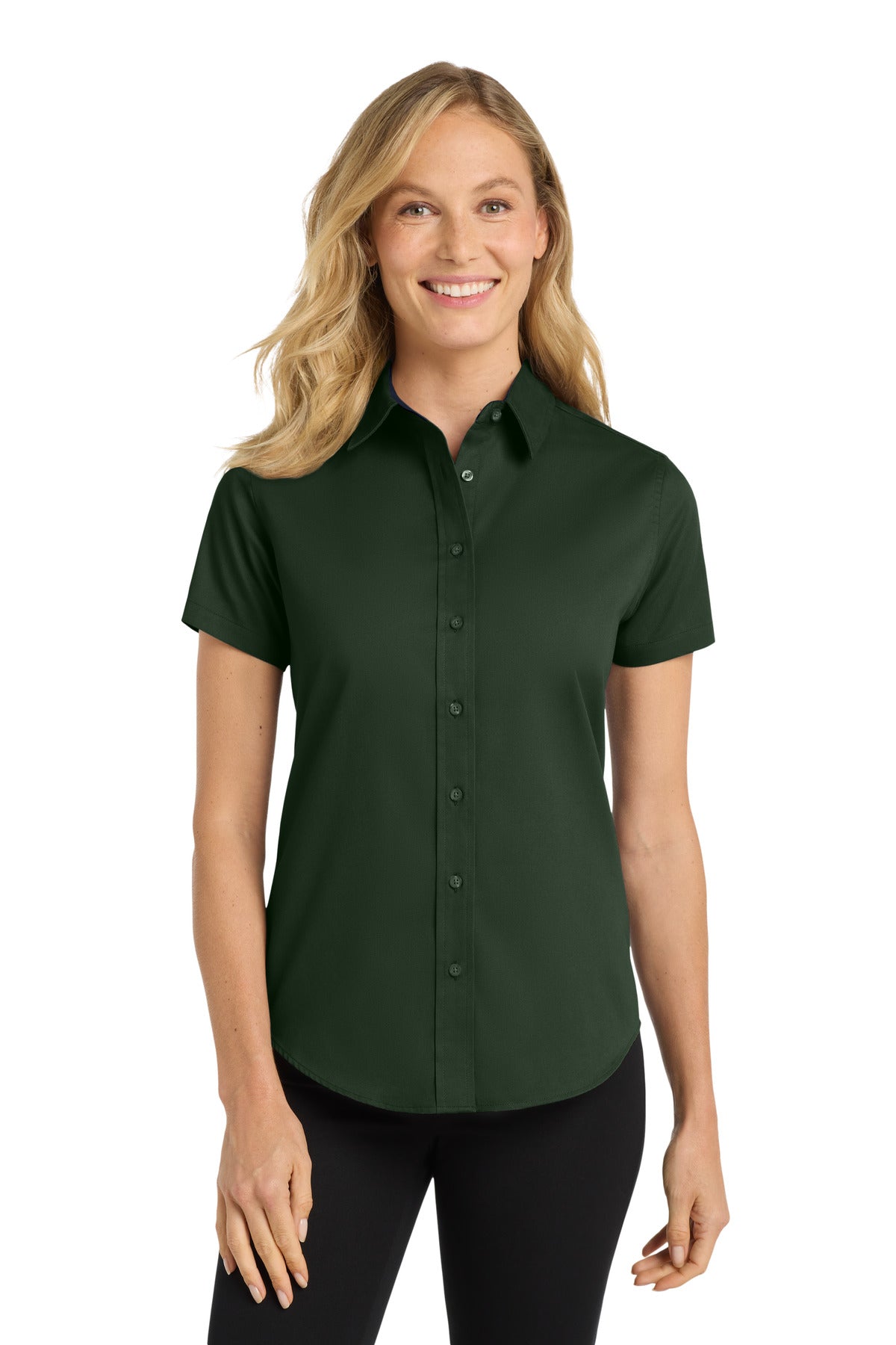 Custom Dark Green/ Navy Women's Short Sleeve Easy Care Shirt L508, personalized by SanCanDo Swag in Argyle, TX