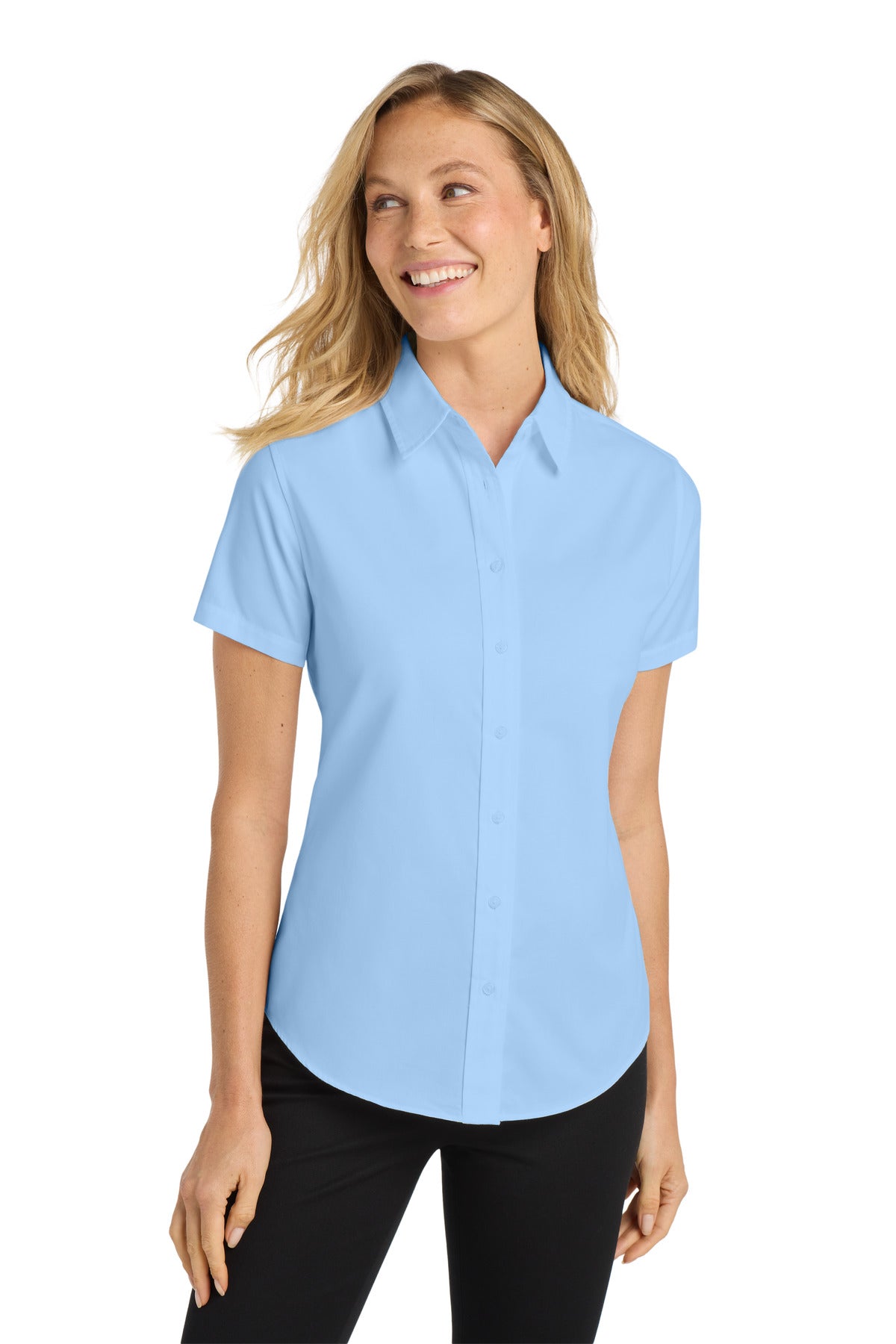 Custom Light Blue/ Light Stone Women's Short Sleeve Easy Care Shirt L508, personalized by SanCanDo Swag in Argyle, TX