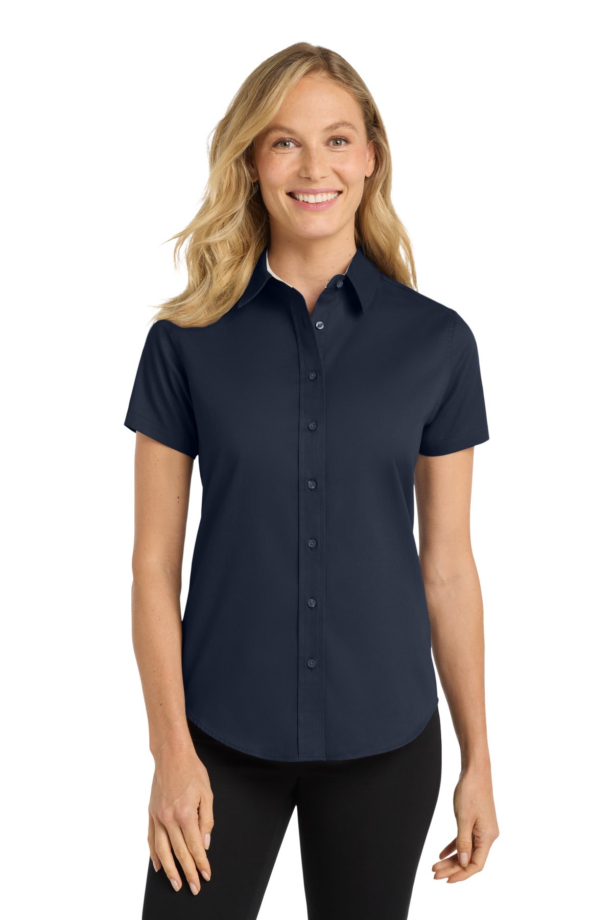Custom Navy/ Light Stone Women's Short Sleeve Easy Care Shirt L508, personalized by SanCanDo Swag in Argyle, TX