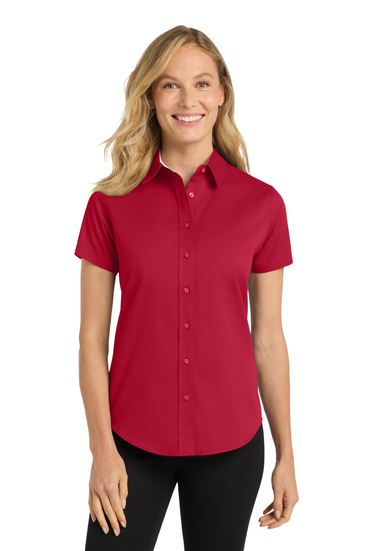 Custom Red/ Light Stone Women's Short Sleeve Easy Care Shirt L508, personalized by SanCanDo Swag in Argyle, TX