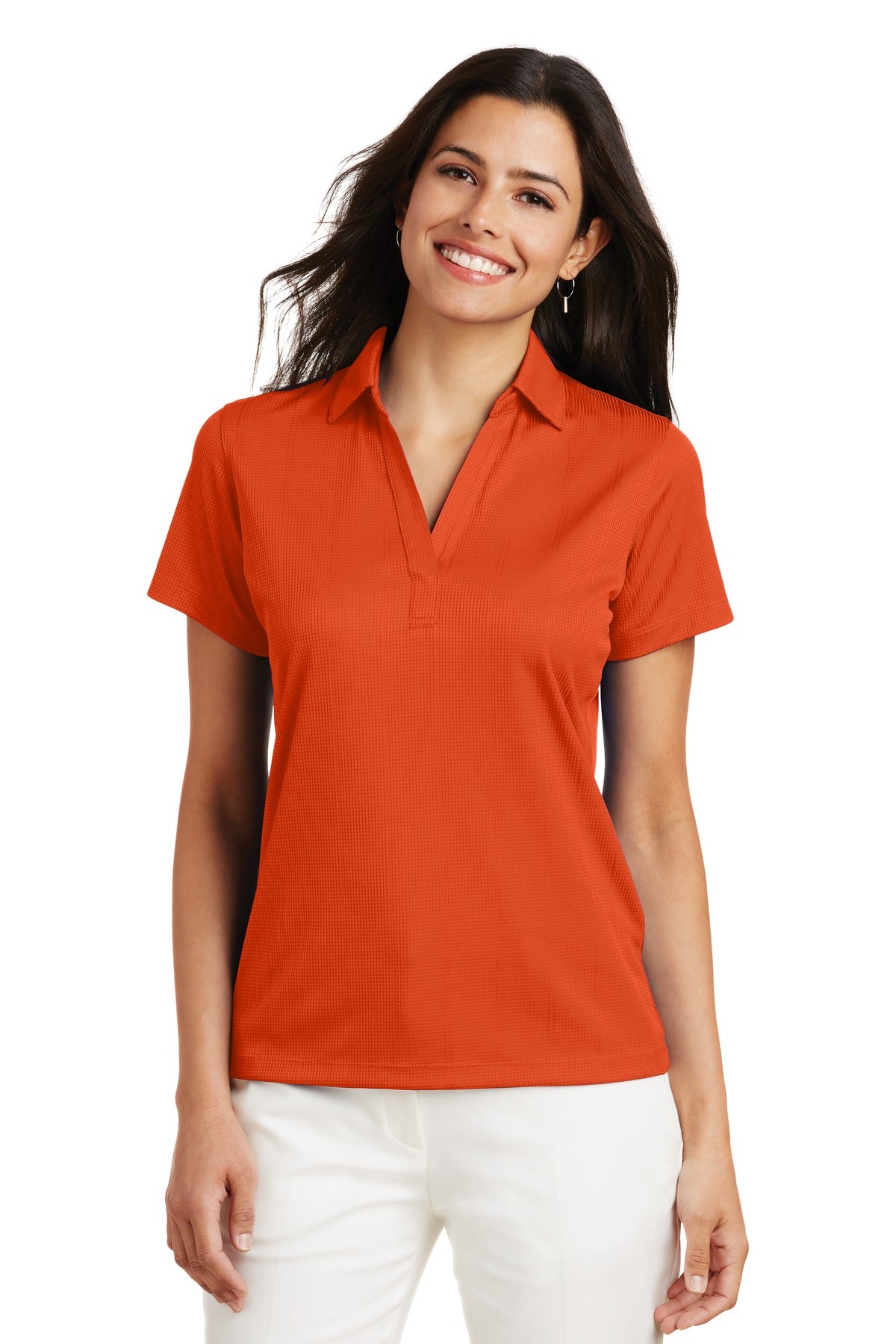 Custom Autumn Orange Women's Performance Fine Jacquard Polo L528, personalized by SanCanDo Swag in Argyle, TX