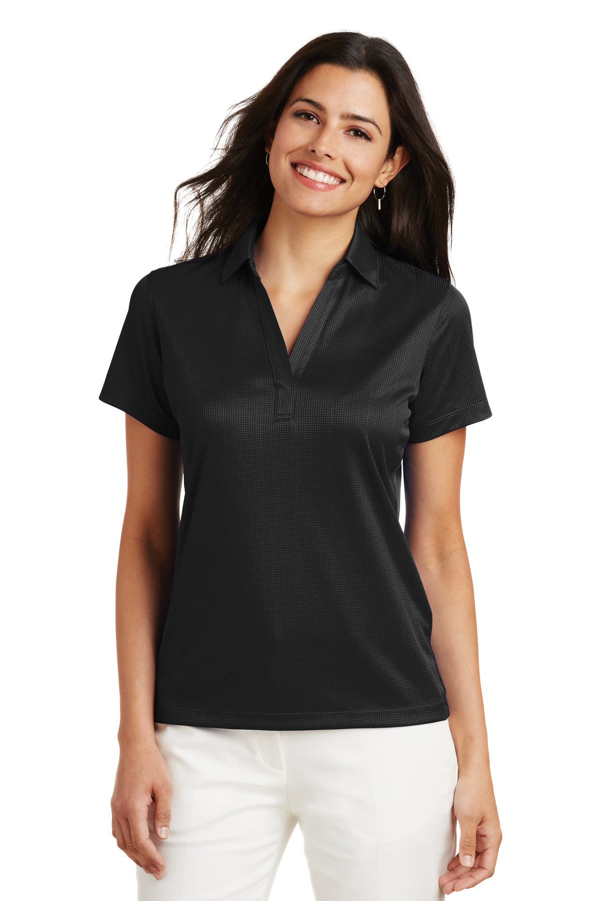 Custom Black Women's Performance Fine Jacquard Polo L528, personalized by SanCanDo Swag in Argyle, TX