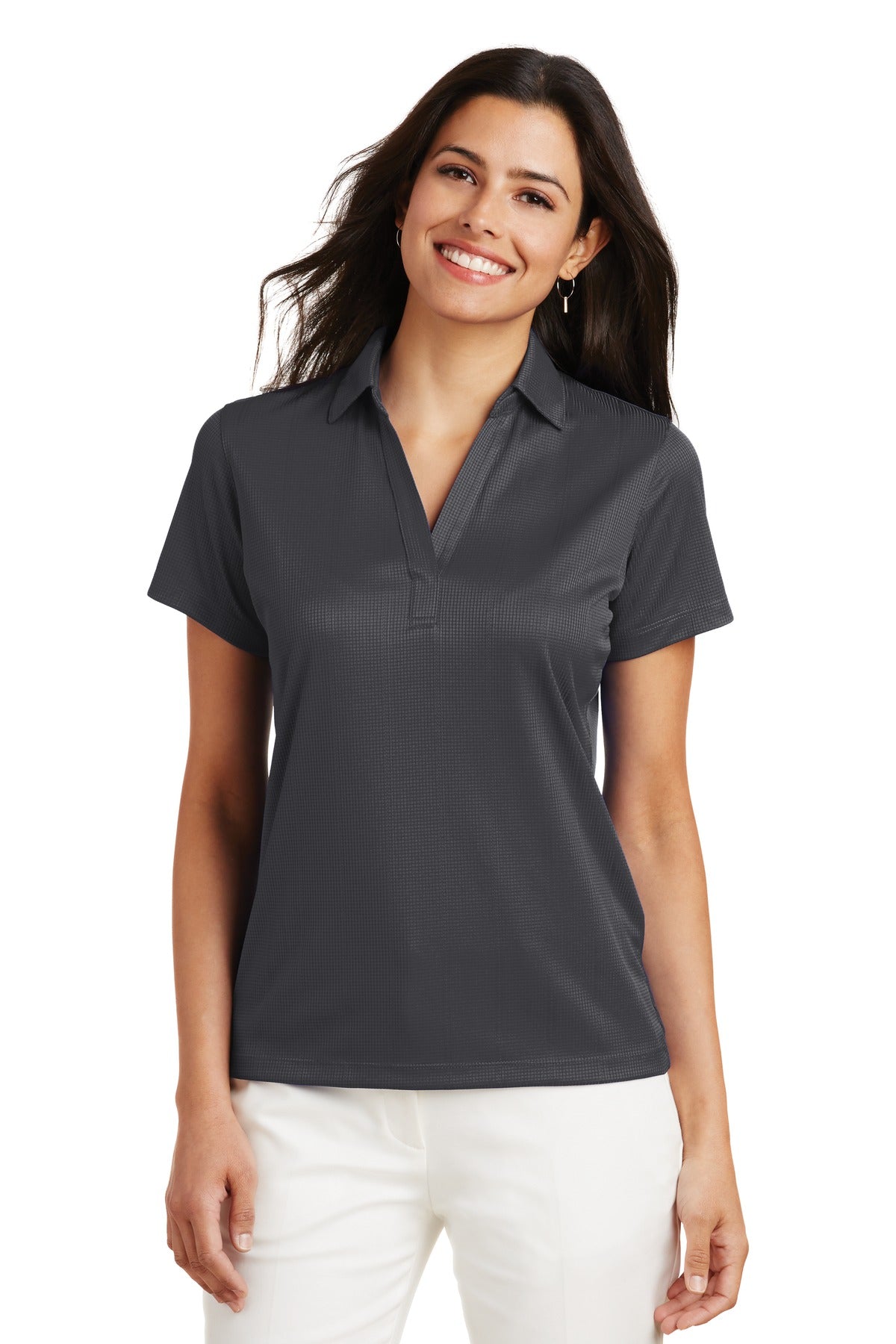 Custom Grey Smoke Women's Performance Fine Jacquard Polo L528, personalized by SanCanDo Swag in Argyle, TX
