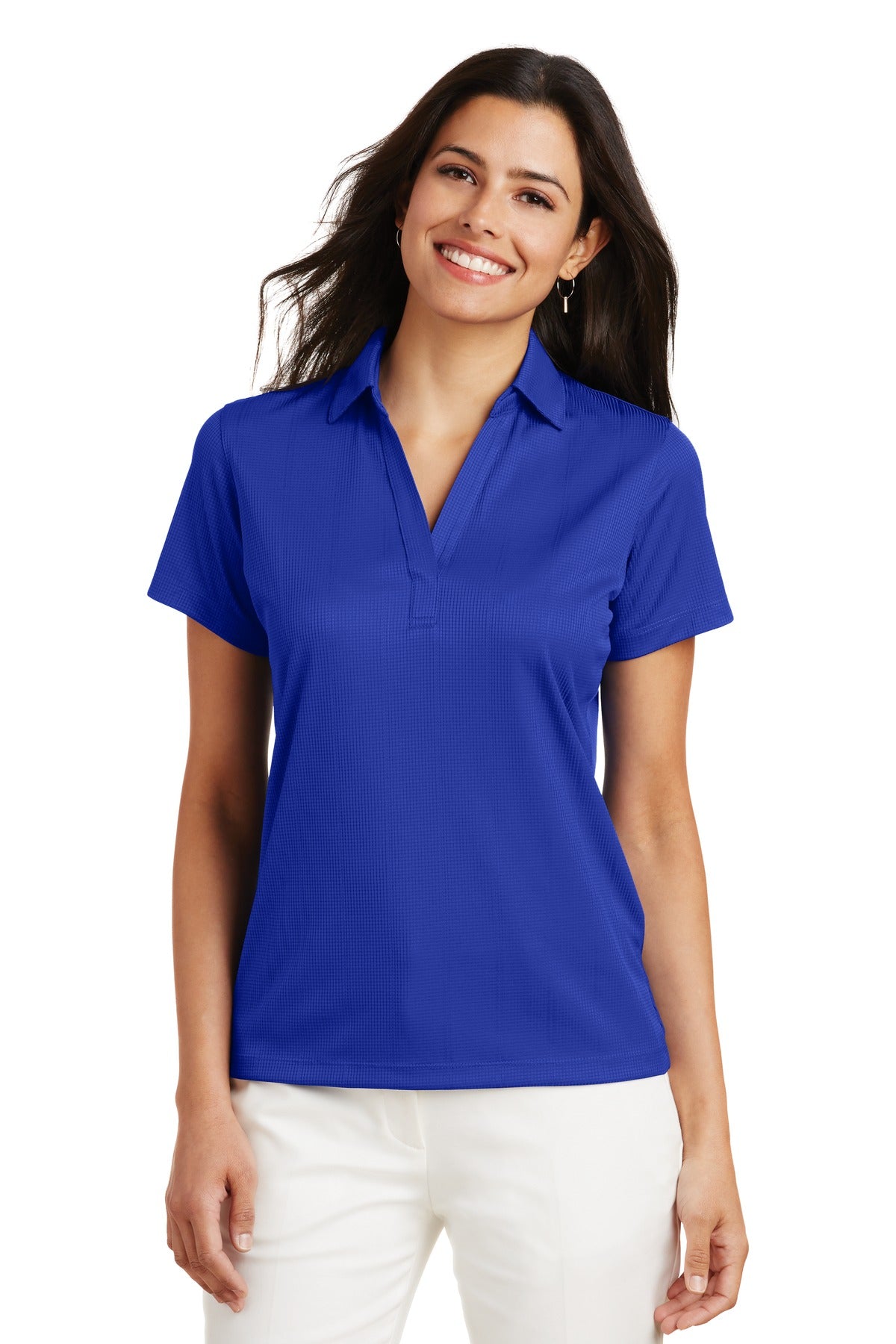 Custom Hyper Blue Women's Performance Fine Jacquard Polo L528, personalized by SanCanDo Swag in Argyle, TX
