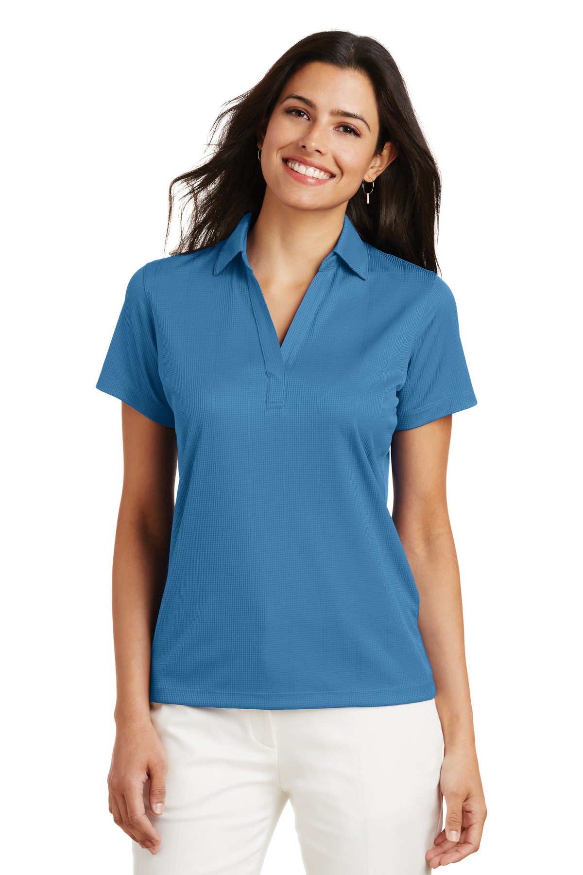 Custom Ocean Blue Women's Performance Fine Jacquard Polo L528, personalized by SanCanDo Swag in Argyle, TX