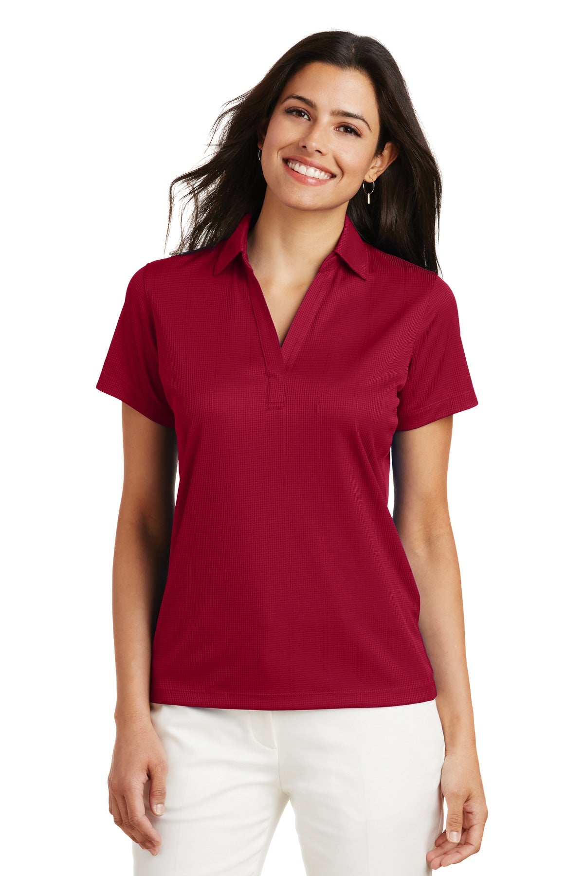 Custom Rich Red Women's Performance Fine Jacquard Polo L528, personalized by SanCanDo Swag in Argyle, TX