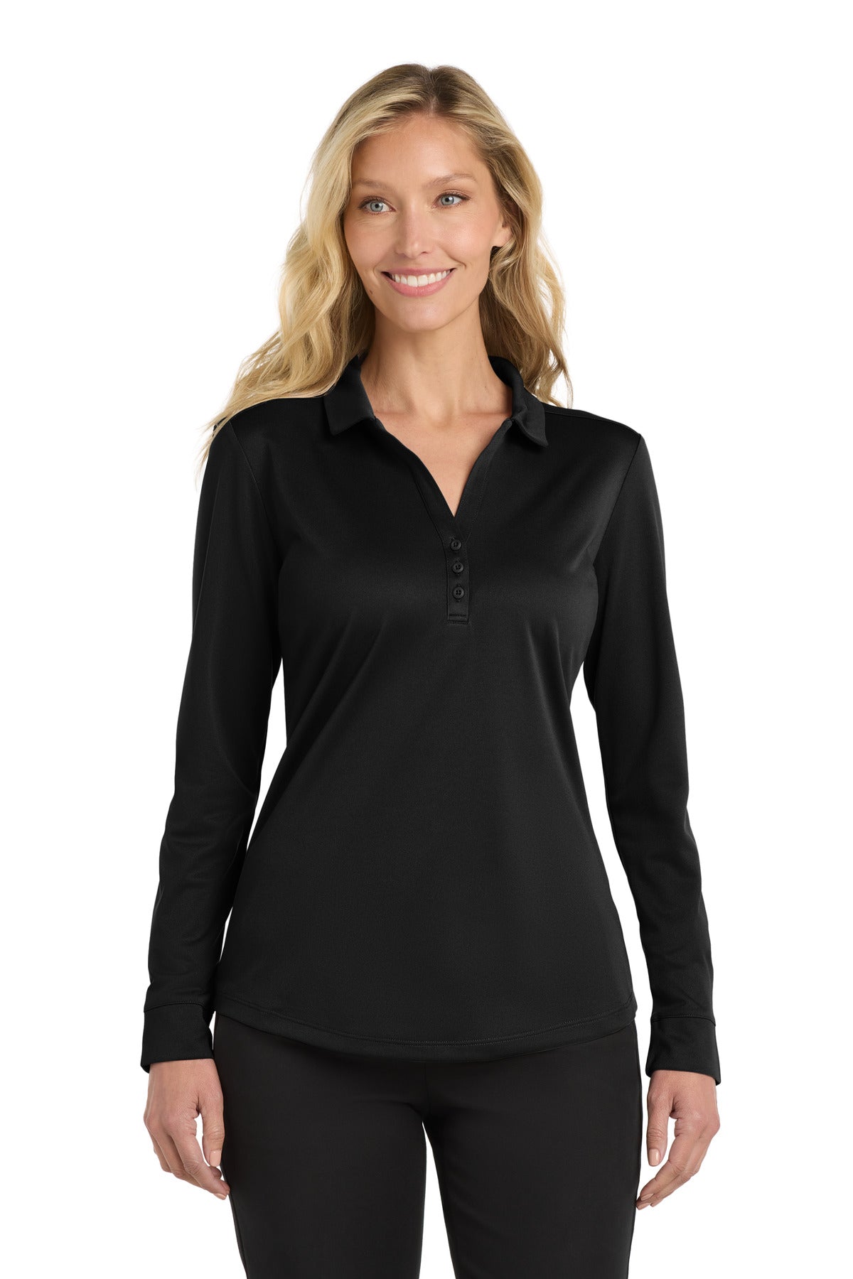 Custom Black Silk Touch Performance Long Sleeve Polo L540LS, personalized by SanCanDo Swag in Argyle, TX