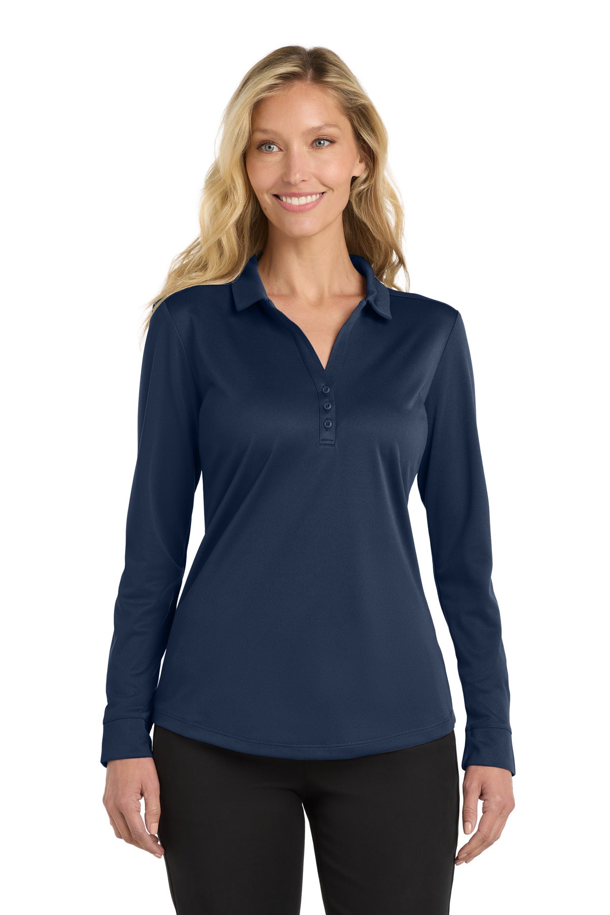 Custom Navy Silk Touch Performance Long Sleeve Polo L540LS, personalized by SanCanDo Swag in Argyle, TX