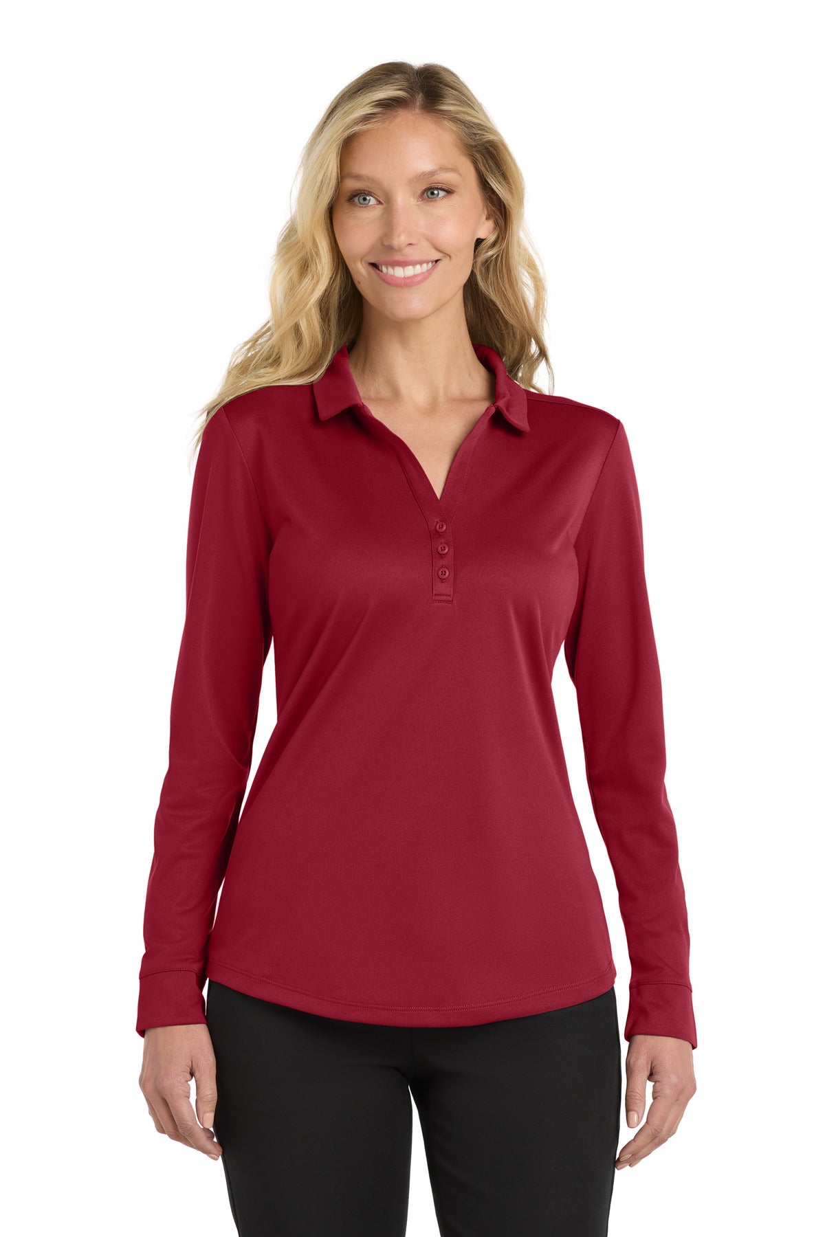 Custom Red Silk Touch Performance Long Sleeve Polo L540LS, personalized by SanCanDo Swag in Argyle, TX