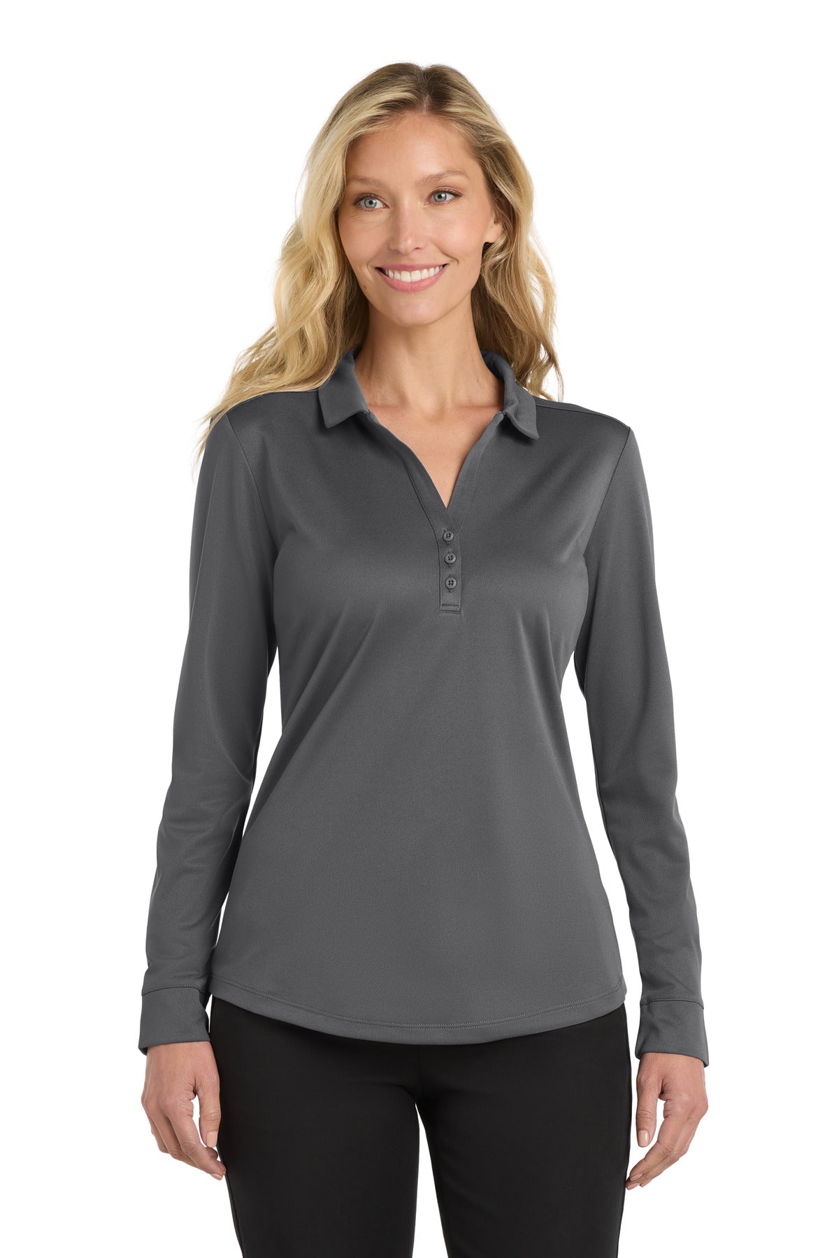 Custom Steel Grey Silk Touch Performance Long Sleeve Polo L540LS, personalized by SanCanDo Swag in Argyle, TX