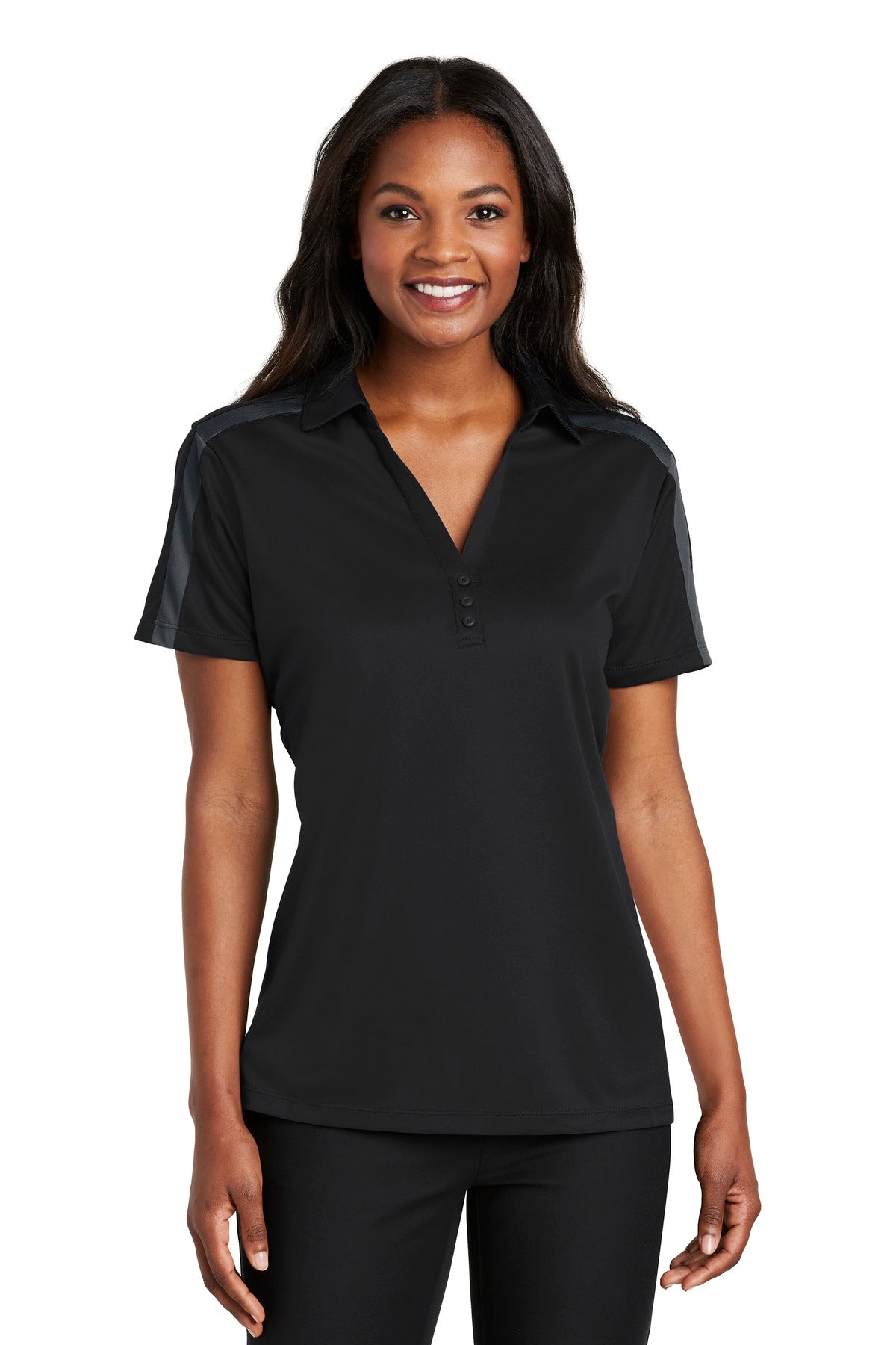 Custom Black/ Steel Grey Performance Colorblock Stripe Polo L547, personalized by SanCanDo Swag in Argyle, TX