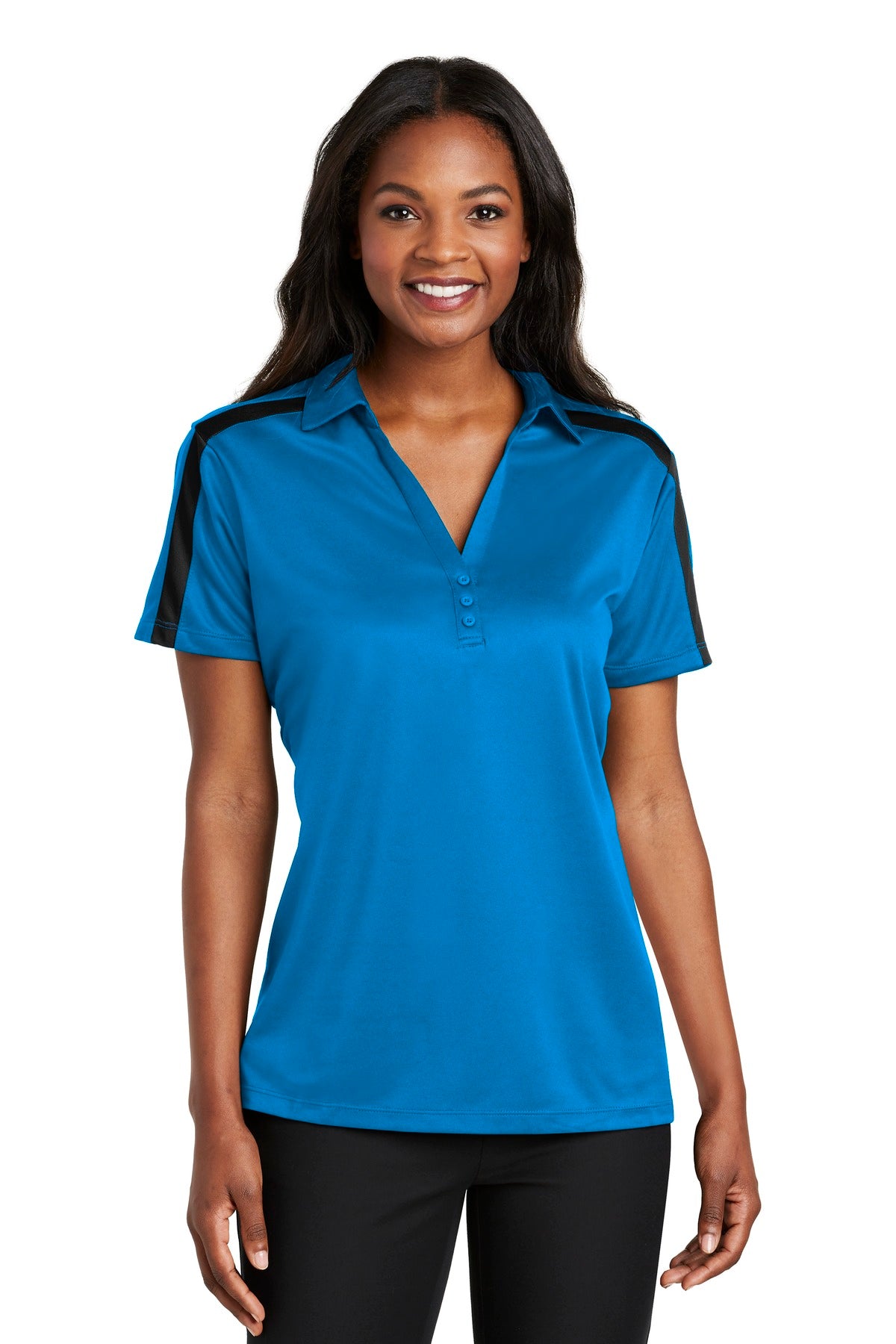 Custom Brilliant Blue/ Black Performance Colorblock Stripe Polo L547, personalized by SanCanDo Swag in Argyle, TX