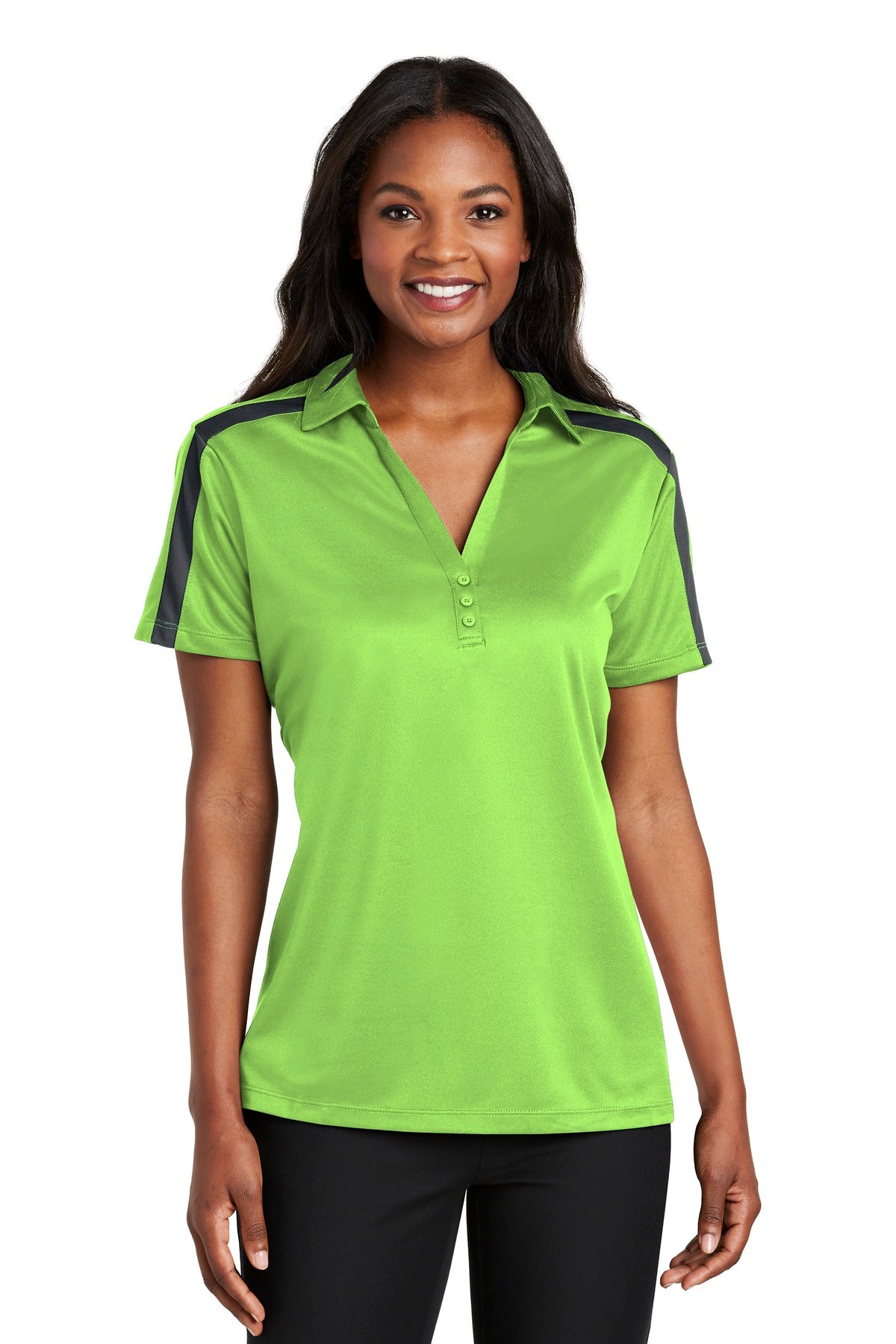 Custom Lime/ Steel Grey Performance Colorblock Stripe Polo L547, personalized by SanCanDo Swag in Argyle, TX