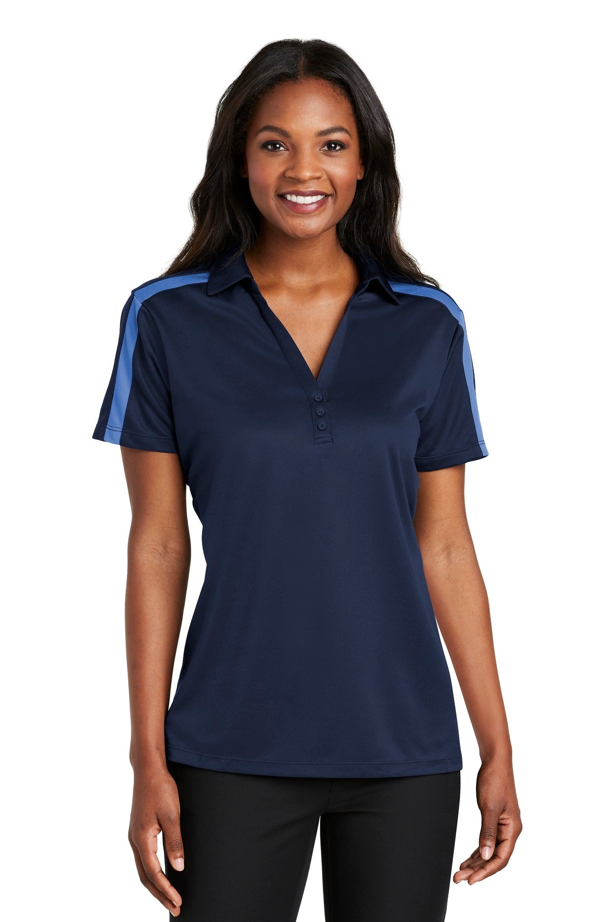 Custom Navy/ Carolina Blue Performance Colorblock Stripe Polo L547, personalized by SanCanDo Swag in Argyle, TX