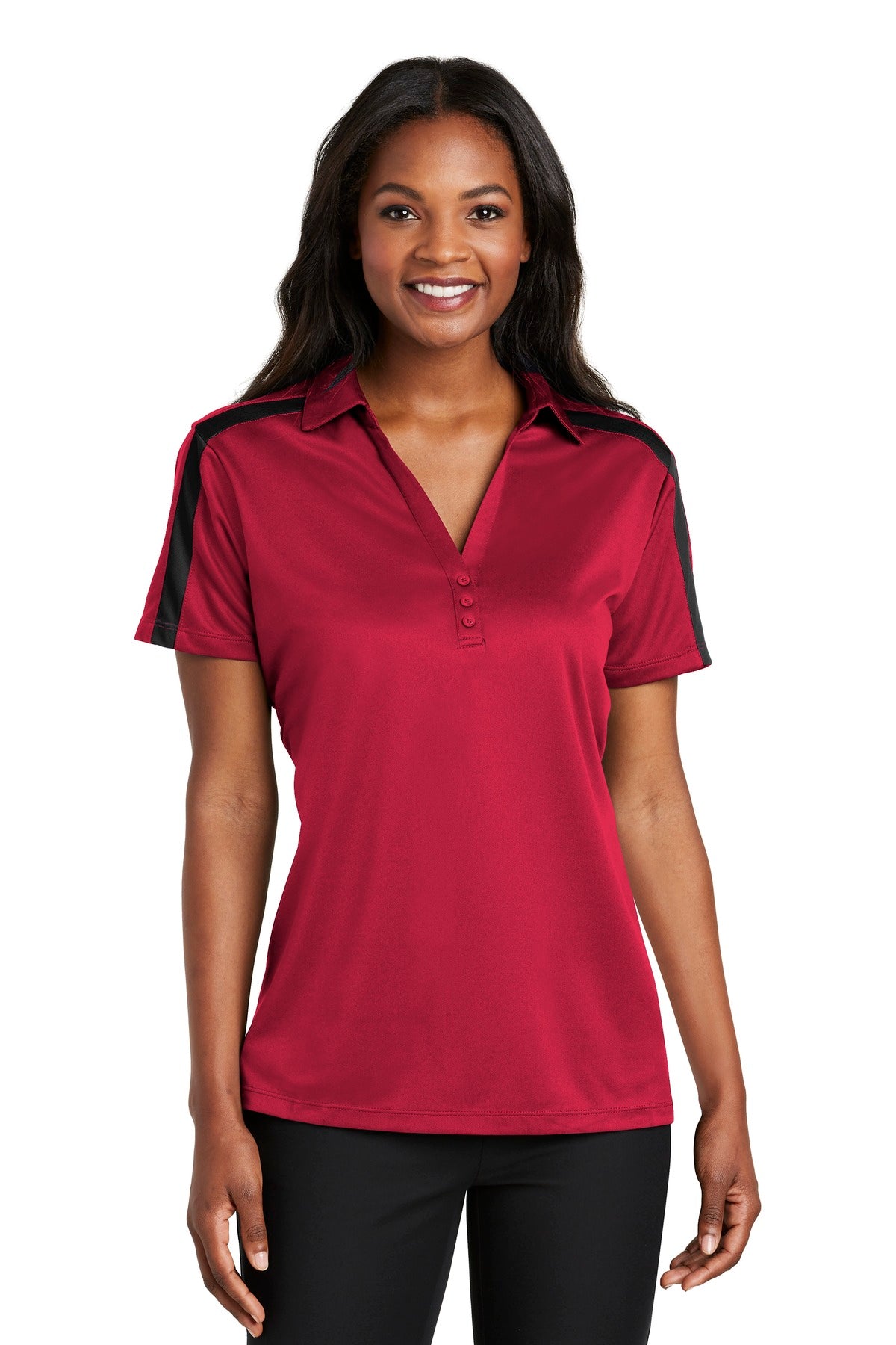 Custom Red/ Black Performance Colorblock Stripe Polo L547, personalized by SanCanDo Swag in Argyle, TX