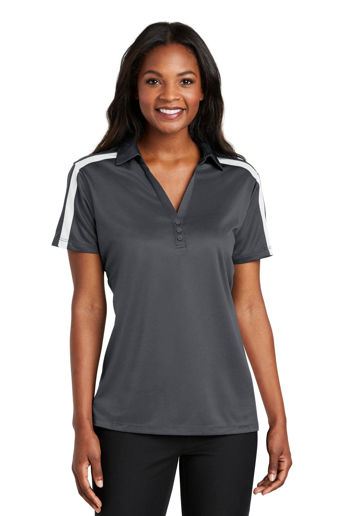 Custom Steel Grey/ White Performance Colorblock Stripe Polo L547, personalized by SanCanDo Swag in Argyle, TX